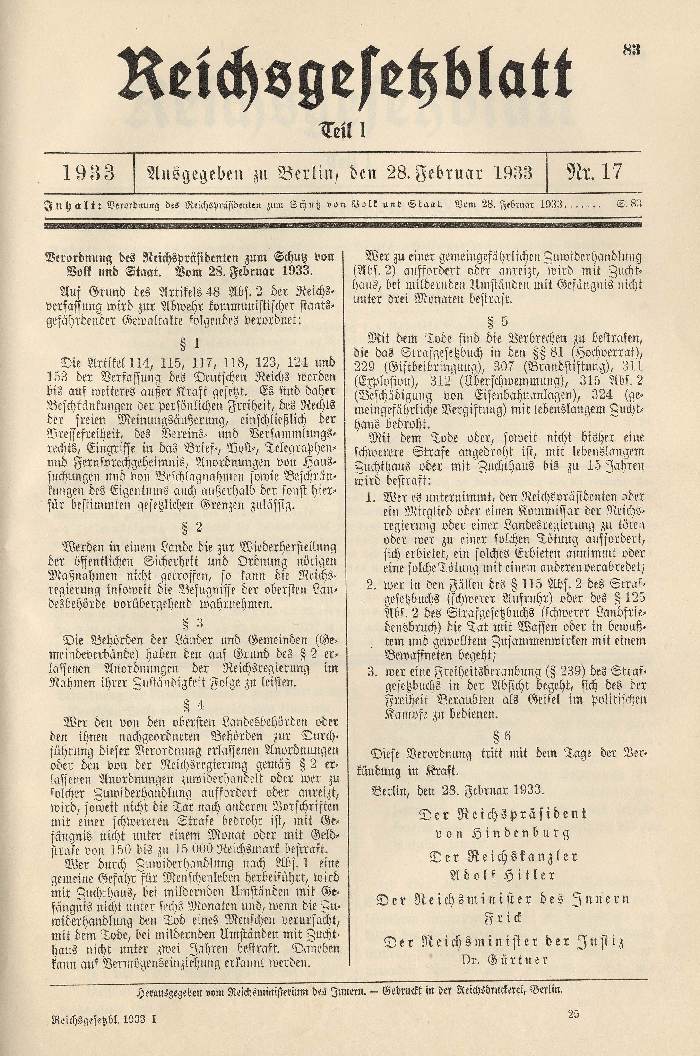Verordnung des Reichspräsidenten zum Schutze von Volk und Staat