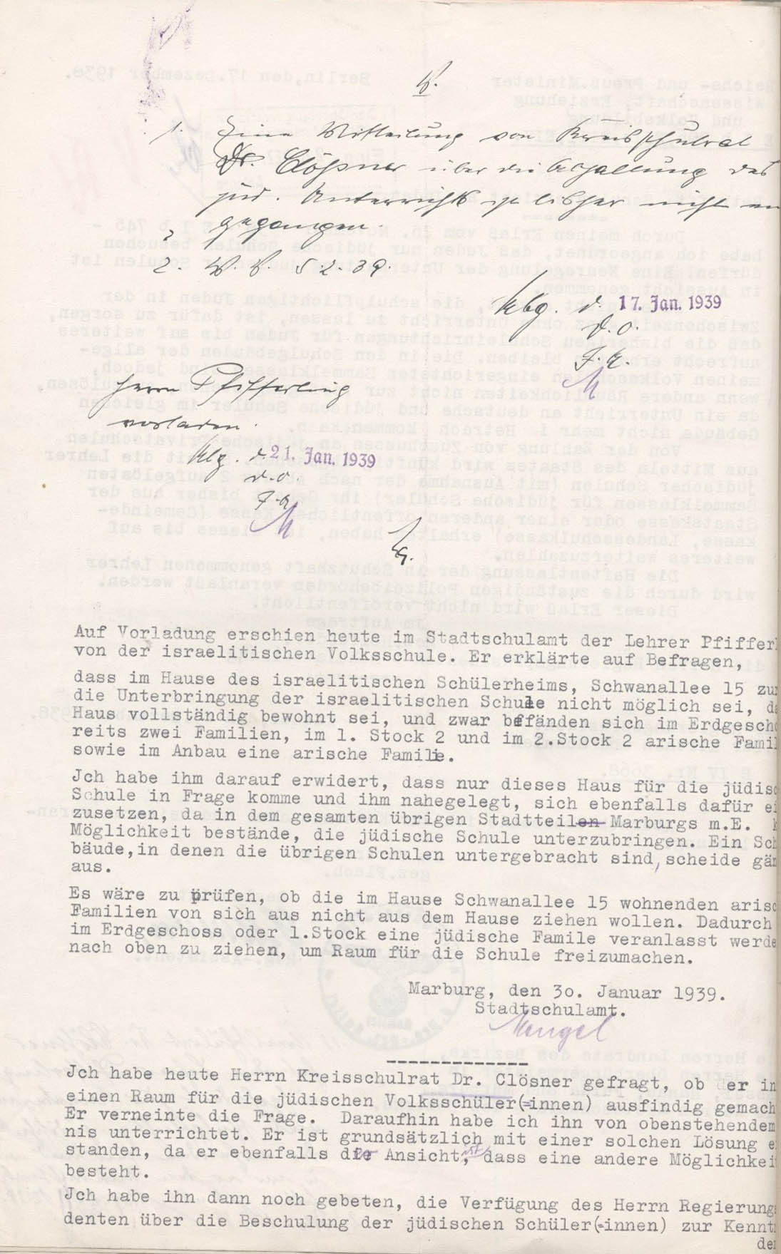 Diverse Schreiben unter Anderem des Reichs- und Preuß. Ministers für Wissenschaft, Erziehung und Volksbildung, den Schulunterricht an Juden betreffend, 17.12.1938 - 17.02.1939