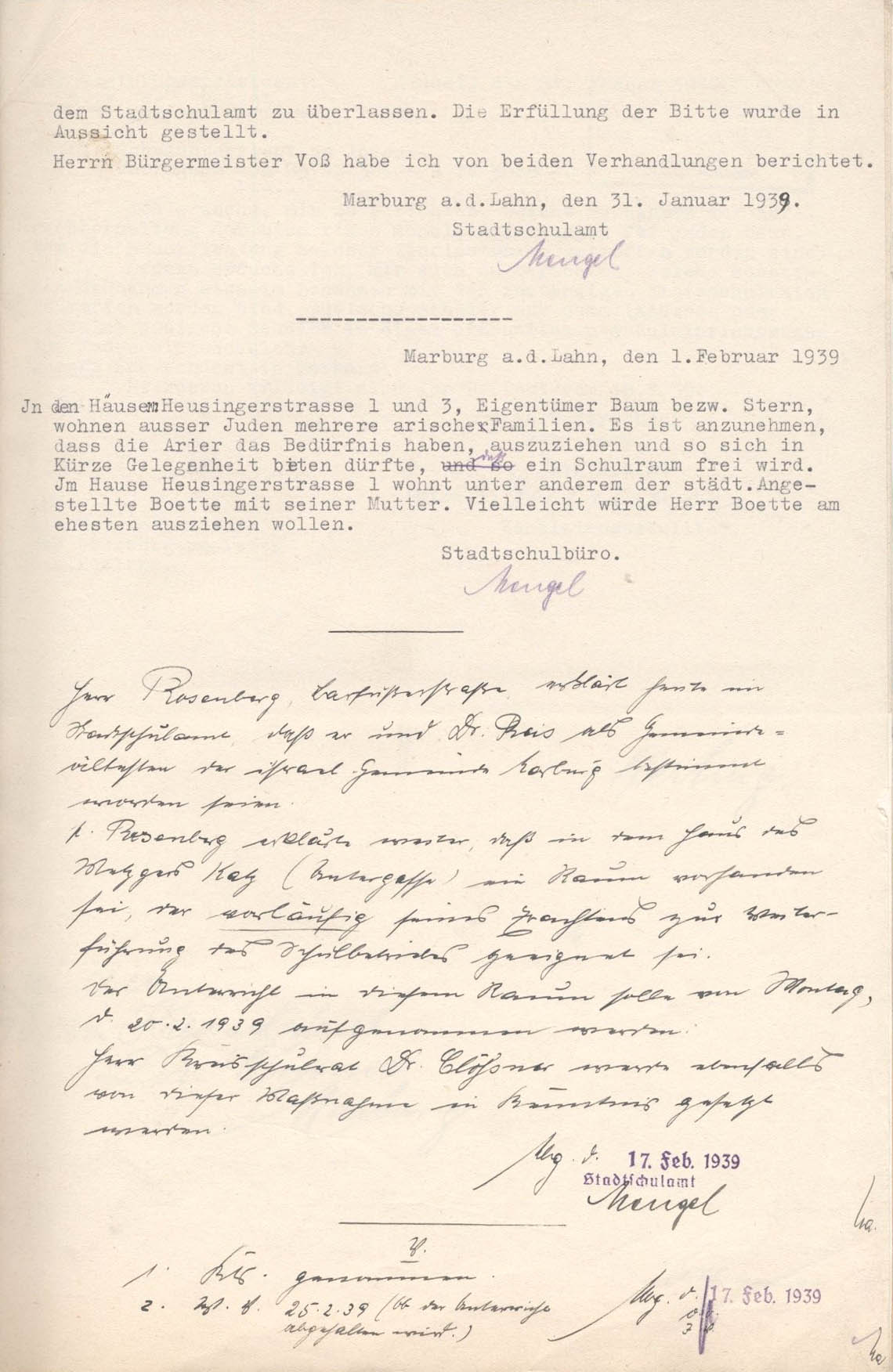 Diverse Schreiben unter Anderem des Reichs- und Preuß. Ministers für Wissenschaft, Erziehung und Volksbildung, den Schulunterricht an Juden betreffend, 17.12.1938 - 17.02.1939