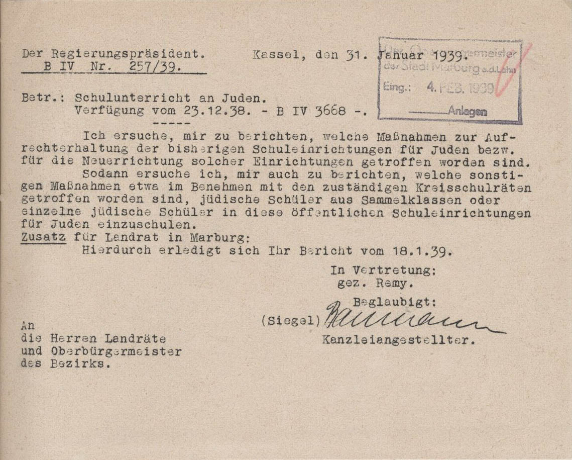Schreiben des Kasseler Regierungspräsidenten, den Schulunterricht an Juden betreffend, Kassel 31.01.1939