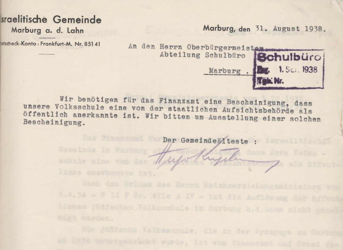 Schreiben der Israelitischen Gemeinde an den Oberbürgermeister, bezüglich einer Bescheinigung für das Finanzamt, Marburg 31.08.1938