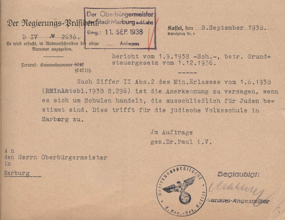 Antwortschreiben des Kasseler Regierungspräsidenten, bezüglich einer Bescheinigung für das Finanzamt, Kassel 8.09.1938