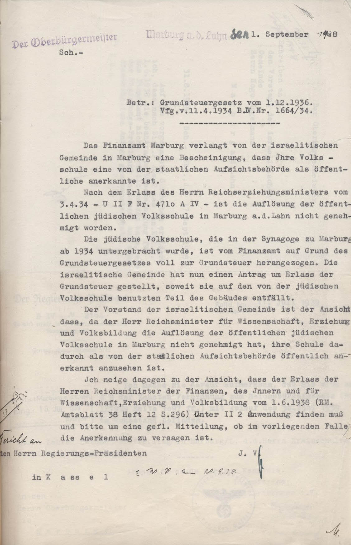 Schreiben des Marburger Oberbürgermeisters an den Regierungspräsidenten, bezüglich einer Bescheinigung für das Finanzamt, Marburg 1.09.1938
