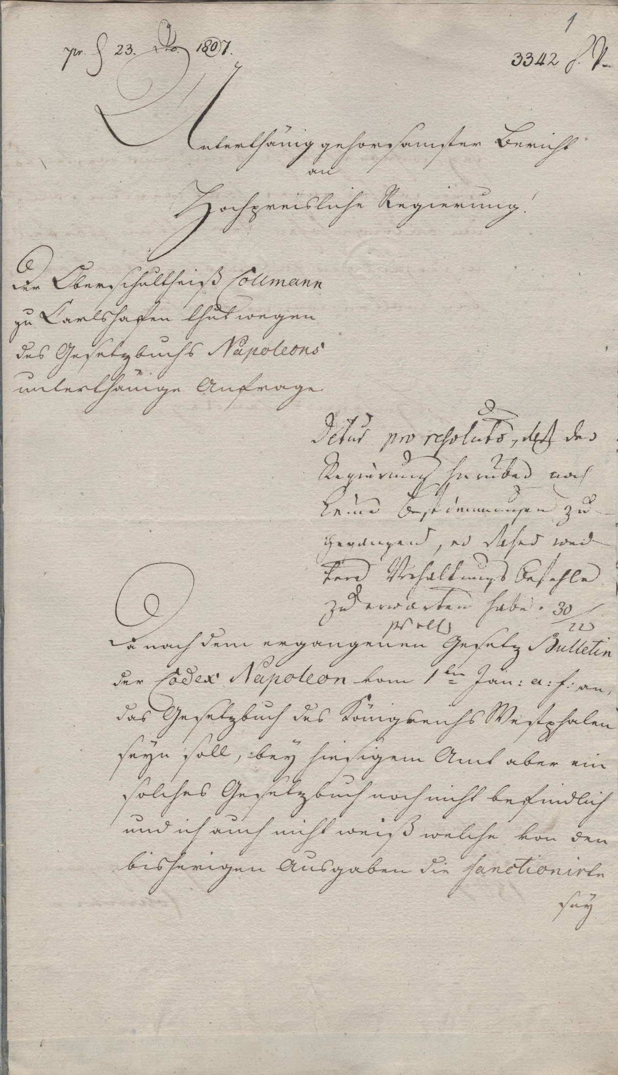 Auszüge der Akte der Landesregierung Kassel über die Einführung des Code Napoléons als bürgerliches Gesetzbuch für das Königreich Westphalen, 1808