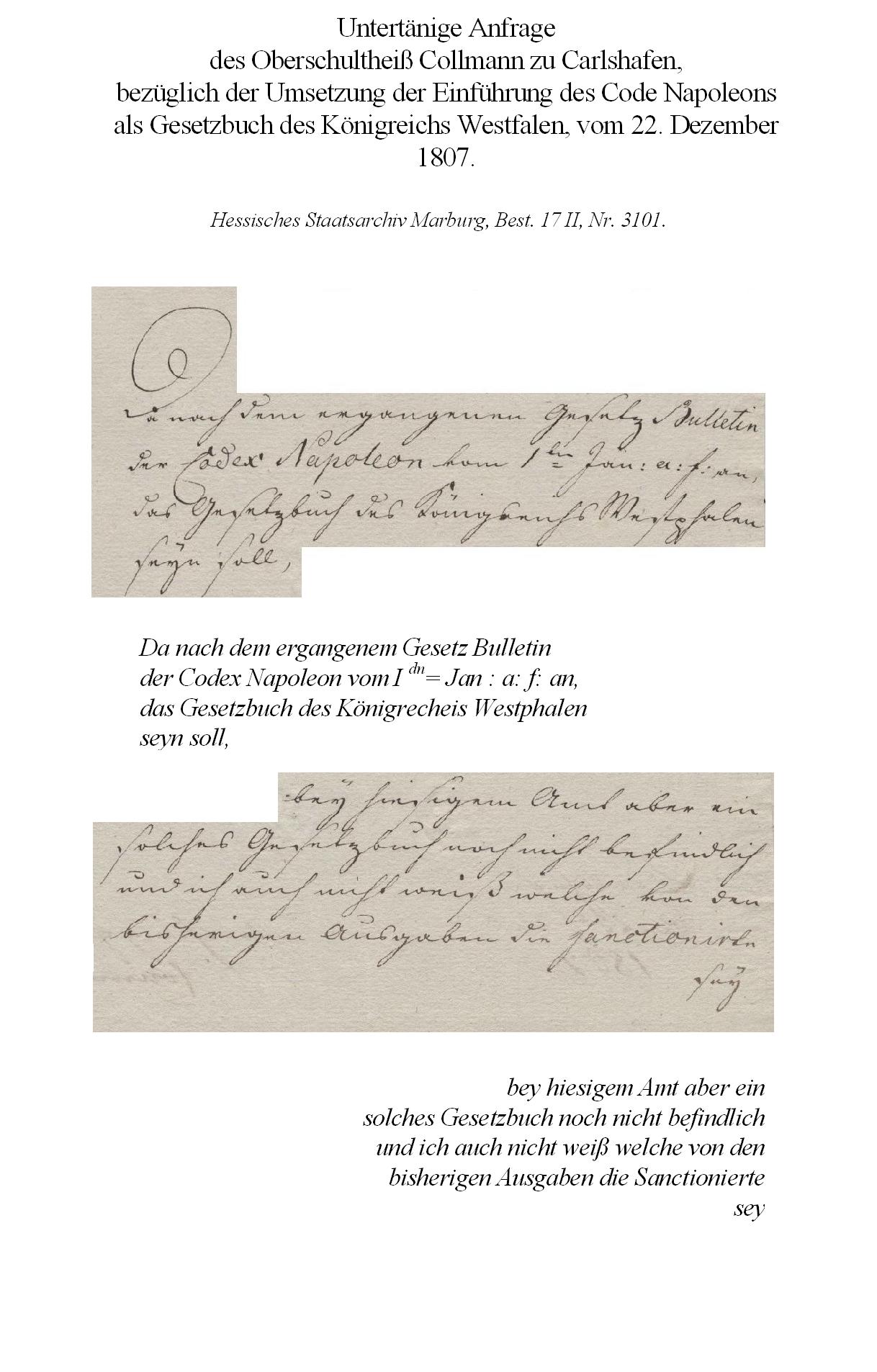 Auszüge der Akte der Landesregierung Kassel über die Einführung des Code Napoléons als bürgerliches Gesetzbuch für das Königreich Westphalen, 1808