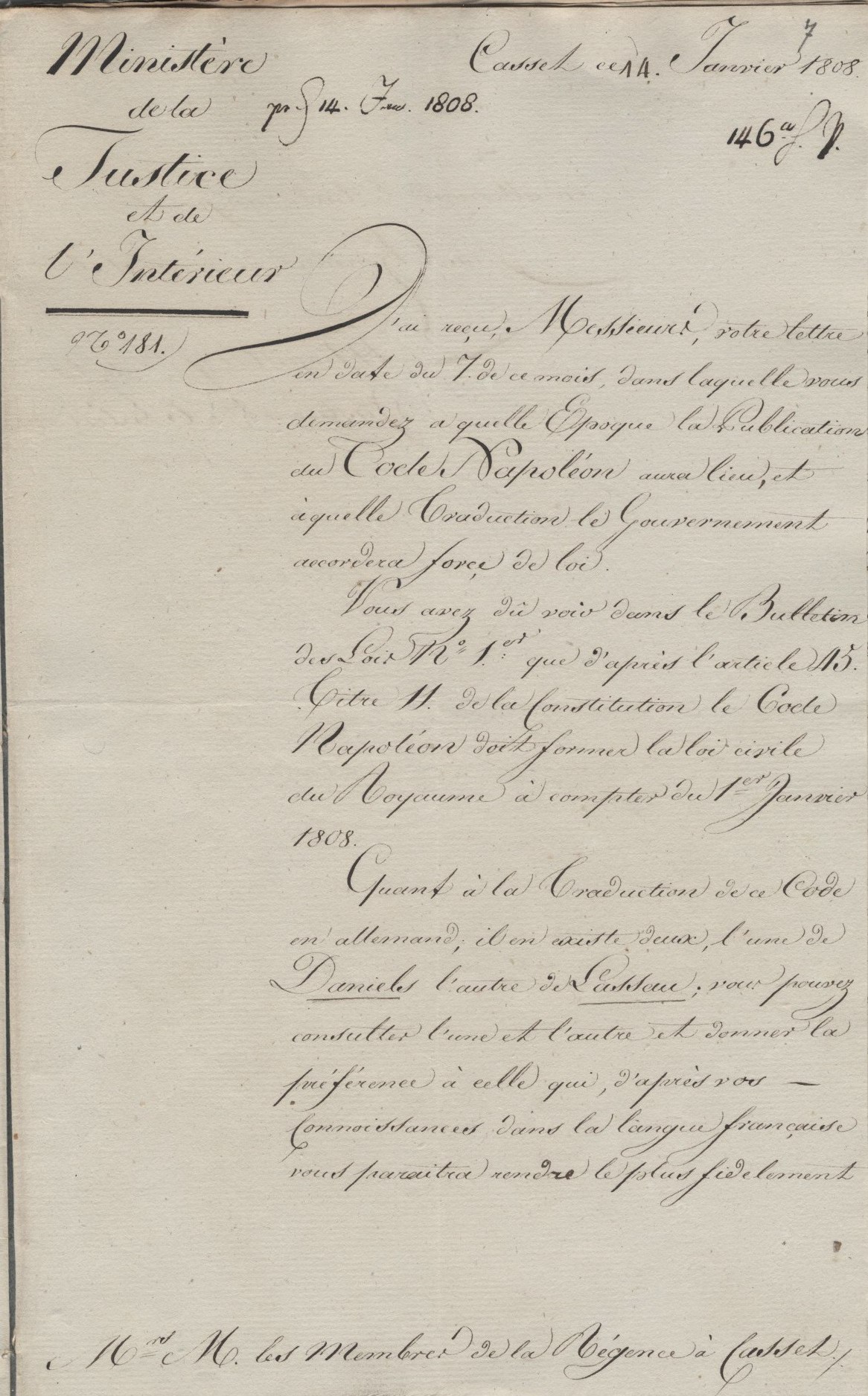 Auszüge der Akte der Landesregierung Kassel über die Einführung des Code Napoléons als bürgerliches Gesetzbuch für das Königreich Westphalen, 1808