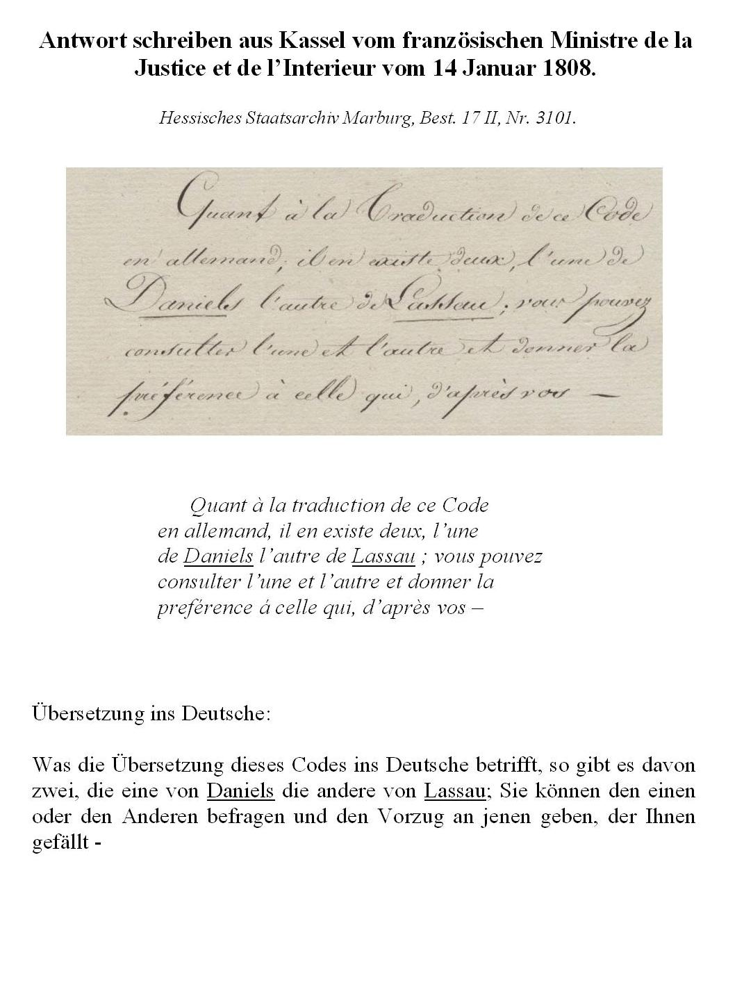 Auszüge der Akte der Landesregierung Kassel über die Einführung des Code Napoléons als bürgerliches Gesetzbuch für das Königreich Westphalen, 1808