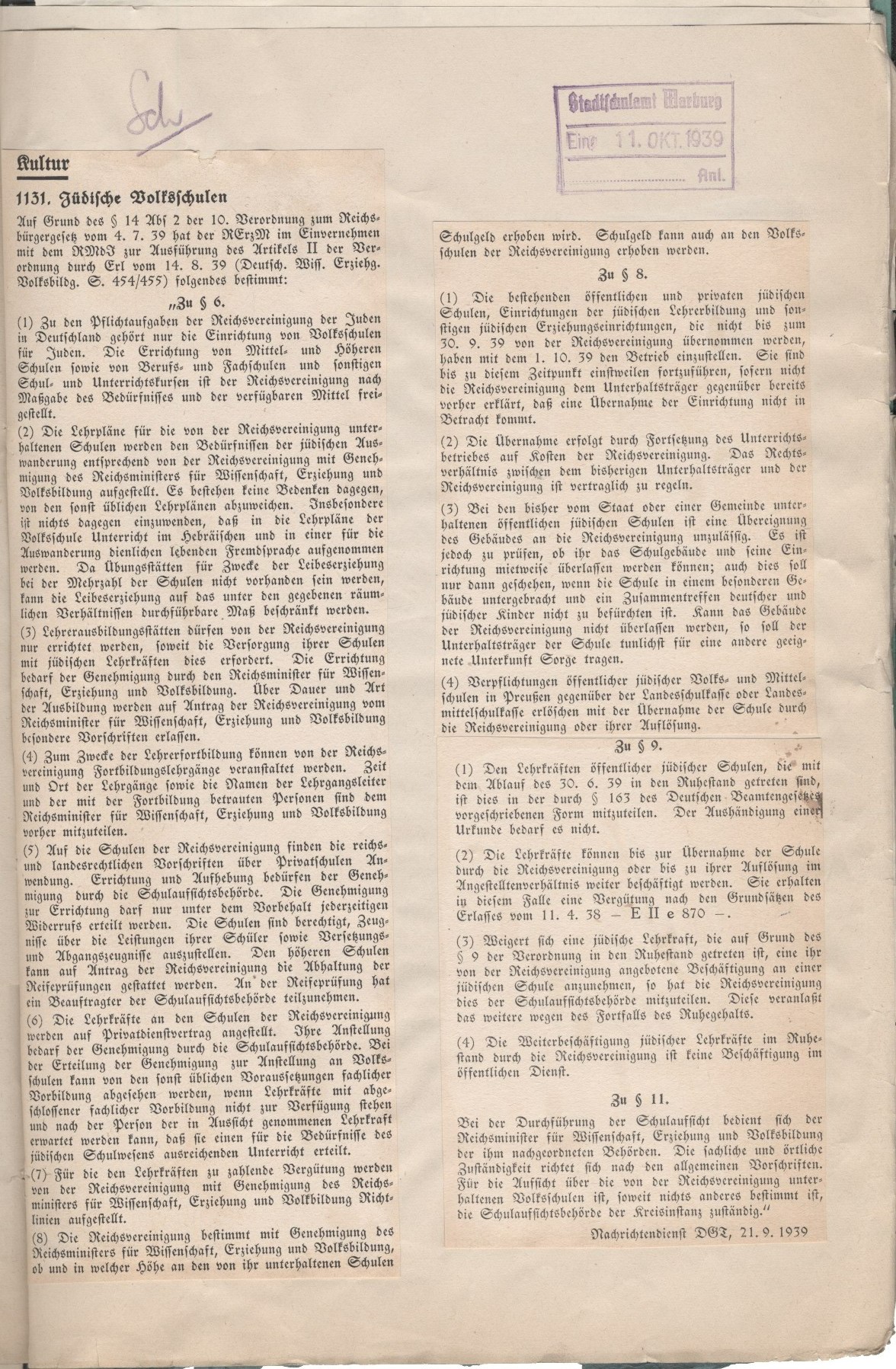 Ausführungen und Anwendungen zu Art. II der 10. VO zum Reichsbürgergesetz vom 21.09.1939, Jüdische Volksschulen im Speziellen betreffend