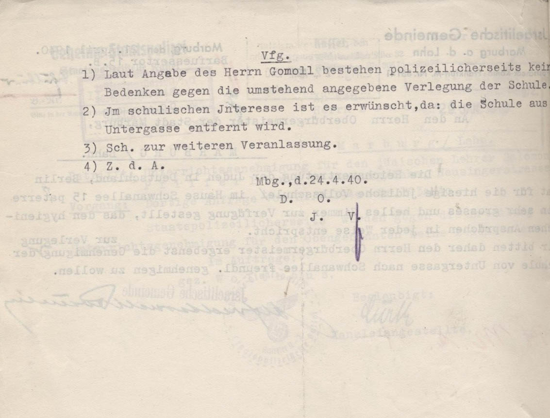 Schreiben der Israelitischen Gemeinde an den Marburger Oberbürgermeister, die Verlegung der jüdischen Schule von der Untergasse in die Schwanallee betreffend, Marburg 21.04.1940