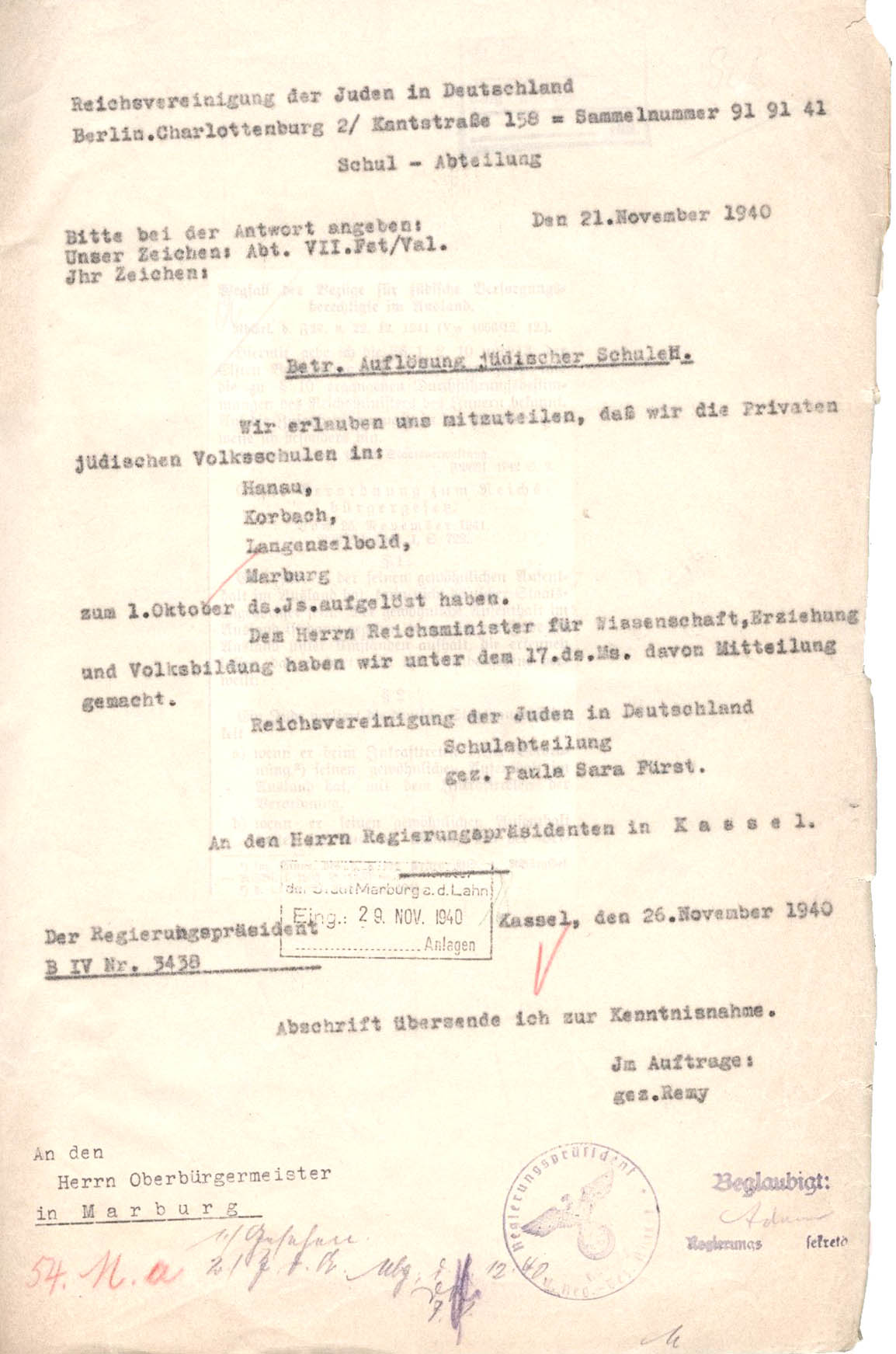 Schreiben der Reichsvereinigung der Juden in Deutschland an den Kasseler Regierungspräsidenten, die Auflösung sämtlicher im Bezirk Kassel befindlicher jüdischer Schulen betreffend, Berlin 21.11.1940