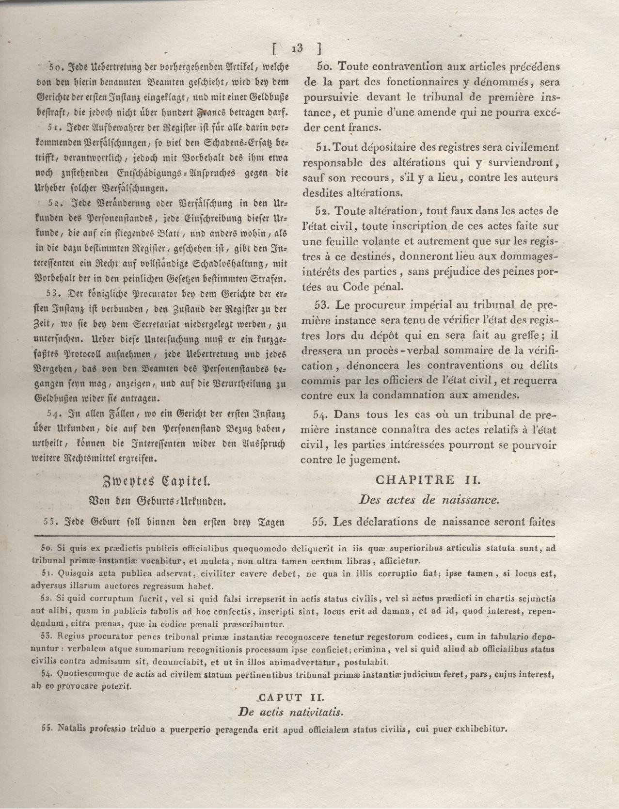 2. Auszug aus dem  Code Napoléon: Erstes Buch.  Von den Personen. Zweyter Titel. Von den Urkunden des Personenstandes. Erstes Kapitel. Allgemeine Verfügungen.