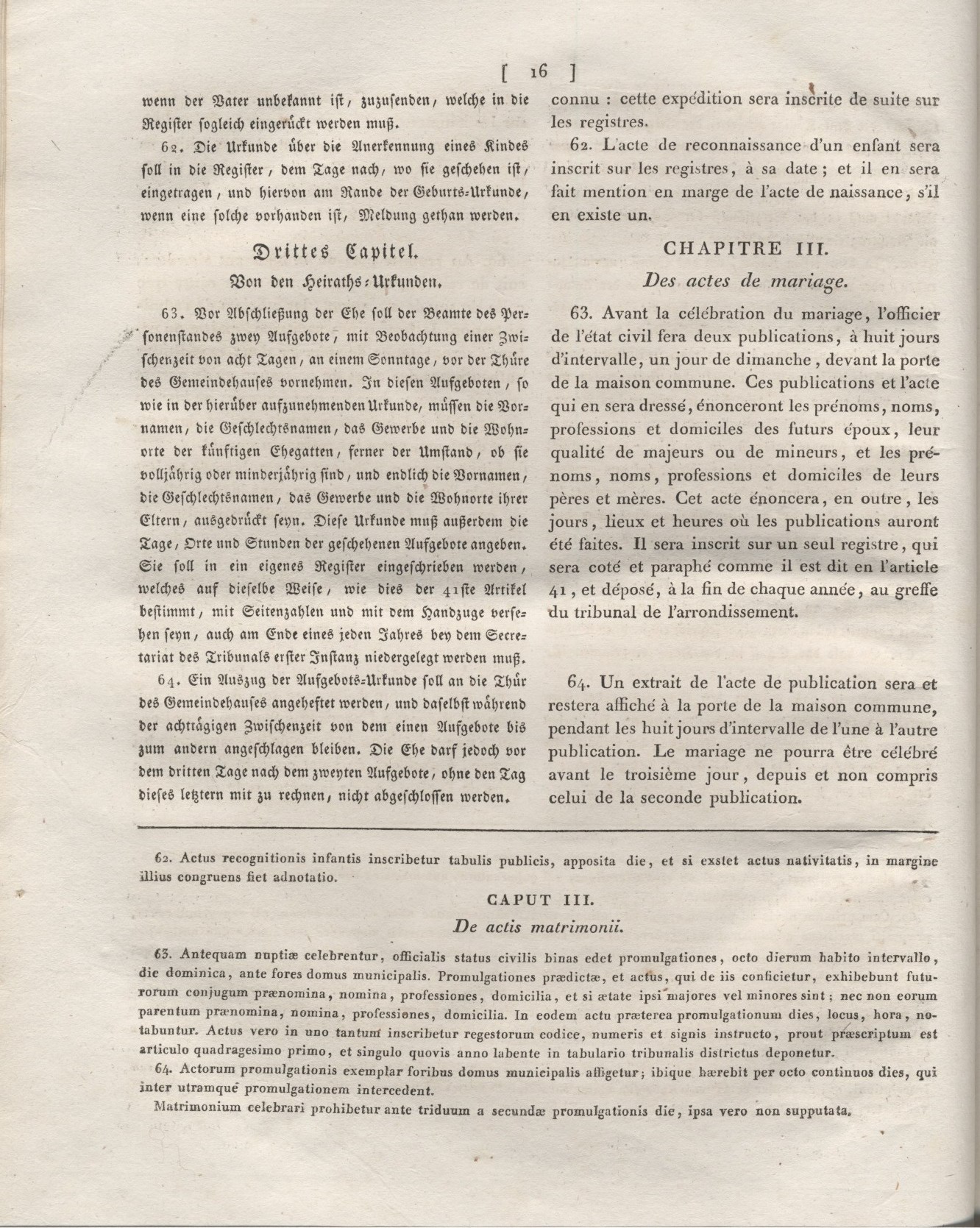 4. Auszug aus dem Code Napoléon: Erstes Buch. Von den Personen. Zweyter Titel. Von den Urkunden des Personenstandes. Drittes Kapitel. Von den Heiraths-Urkunden.