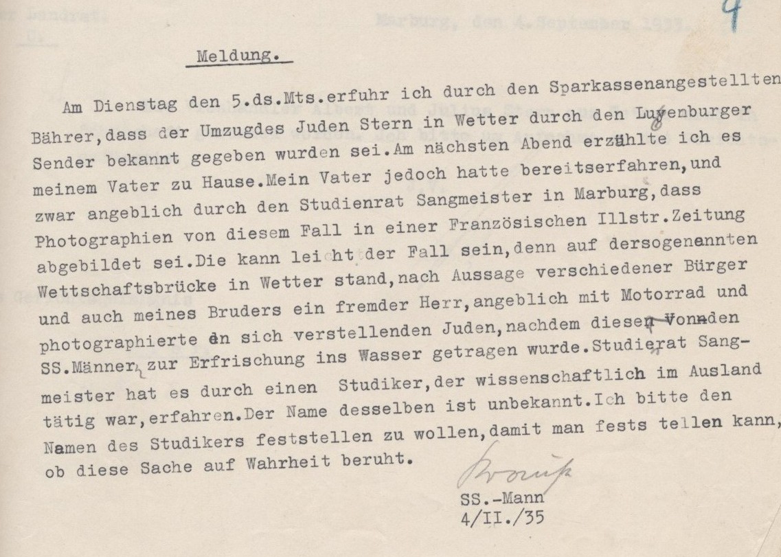 Schreiben eines SS Mannes, bezüglich des Umzuges des Juden Alfred Stern in Wetter, 1933