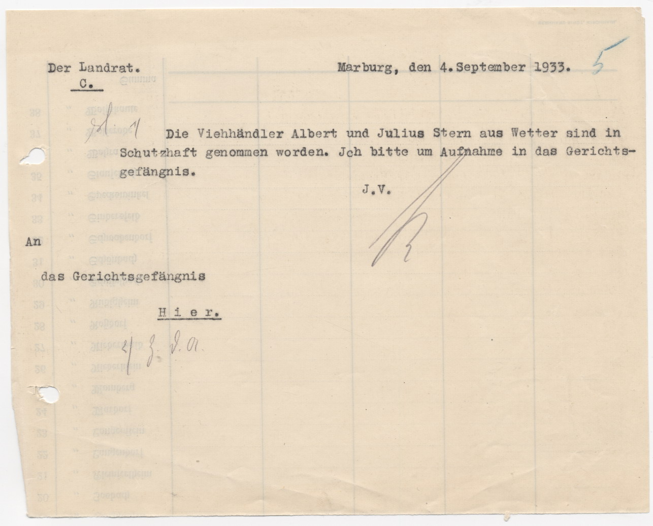 Haftbefehl des Landrates für die Juden Albert (Alfred) und Julius Stern, Marburg 4.09.1933