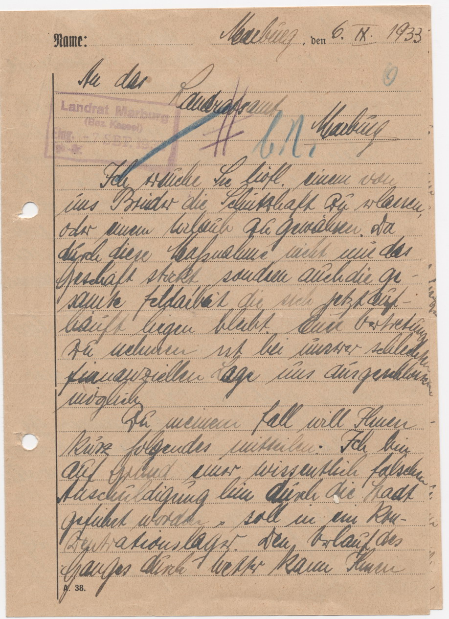 Brief des Inhaftierten Alfred Stern an den Landrat, bezüglich der gegen ihn erbrachten Verleumdungen, Marburg 6.09.1933