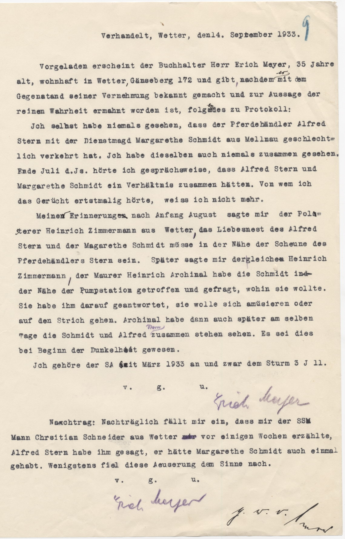 Zeugenaussage Erich Mayers zu dessen Vorladung, bezüglich des Falls A. Stern, Wetter 14.09.1933