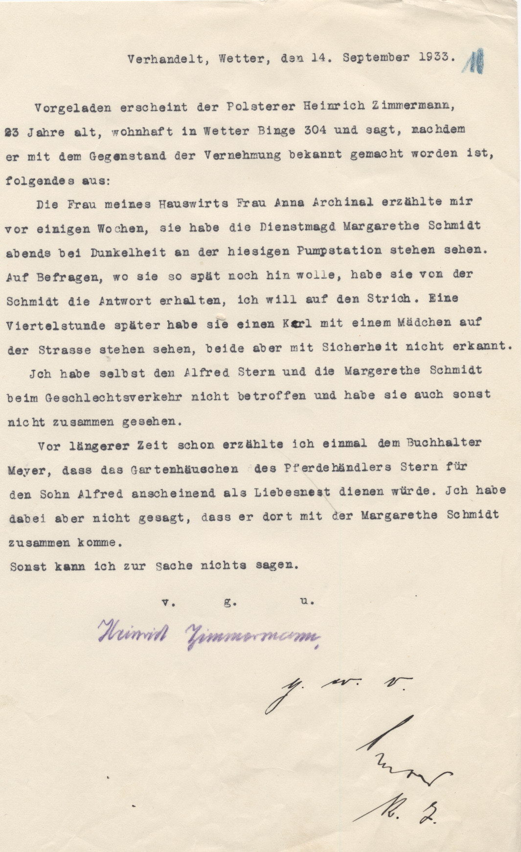 Zeugenaussage Heinrich Zimmermanns zu dessen Vorladung, bezüglich des Falls A. Stern, Wetter 14.09.1933