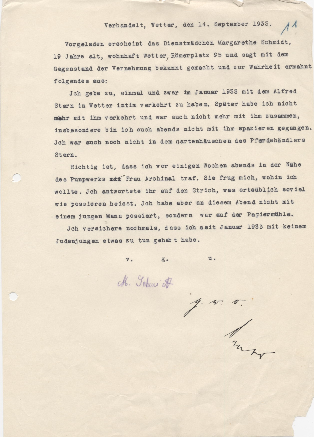 Zeugenaussage Margarethe Schmidts zu deren Vorladung, bezüglich des Falls A. Stern, Wetter 14.09.1933