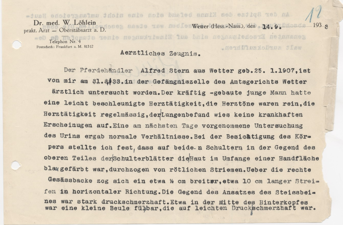 Ärztliches Zeugnis von Dr. med. W. Löhlein, über die physische Verfassung des Inhaftierten A. Stern, Wetter 14.09.1933