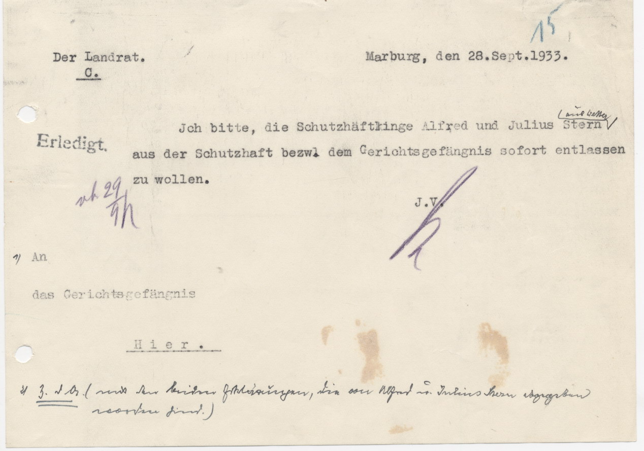 Bitte des Landrates die Schutzhäftlinge Alfred und Julius Stern zu entlassen, Marburg 28.09.1933