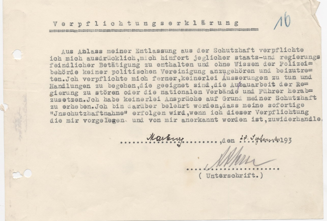 Verpflichtungserklärung Alfred Sterns, anlässlich seiner Entlassung aus der Haft, Marburg 28.09.1933