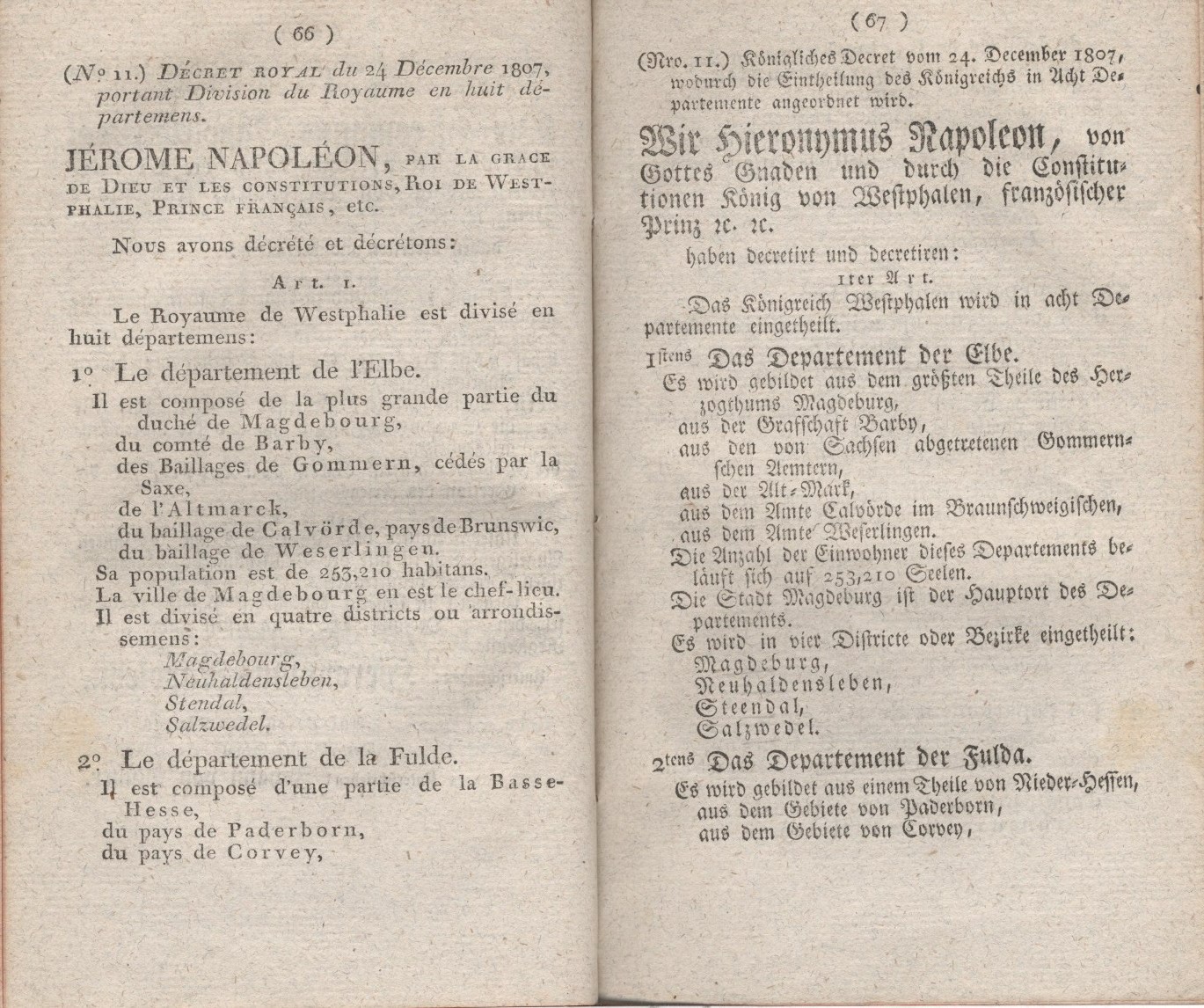 Königliches Dekret vom 24. Dezember 1807 wodurch die Einteilung des Königreichs in acht Departemente angeordnet wird.