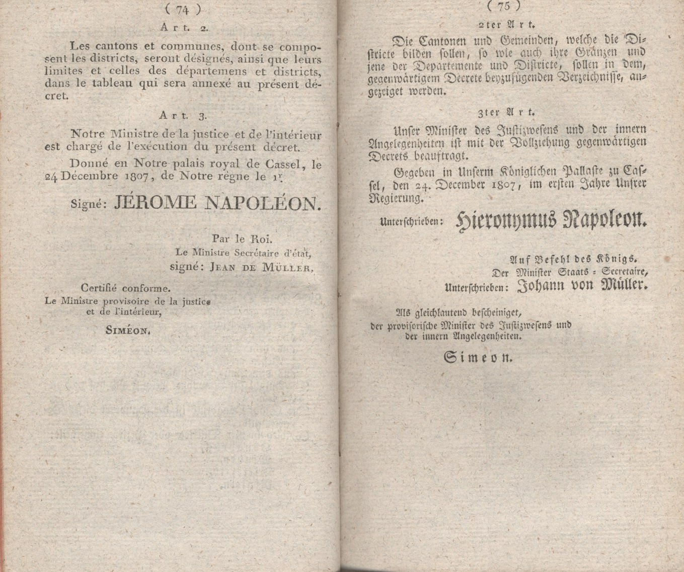 Königliches Dekret vom 24. Dezember 1807 wodurch die Einteilung des Königreichs in acht Departemente angeordnet wird.