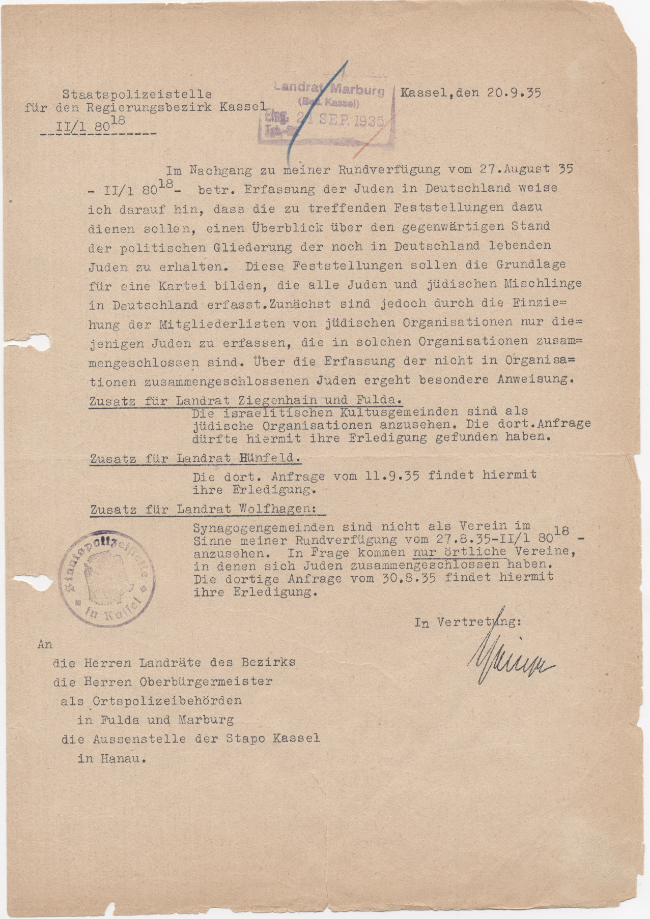 Schreiben der Kasseler Staatspolizei, bezüglich der Erstellung einer zentralen Judenkartei, Kassel 20.09.1935