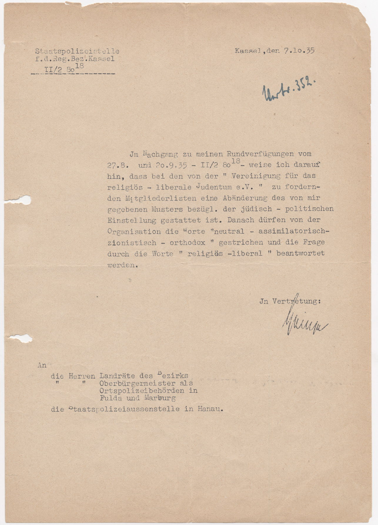 Schreiben der Kasseler Staatspolizei, bezüglich der Erstellung einer zentralen Judenkartei, Kassel 7.10.1935