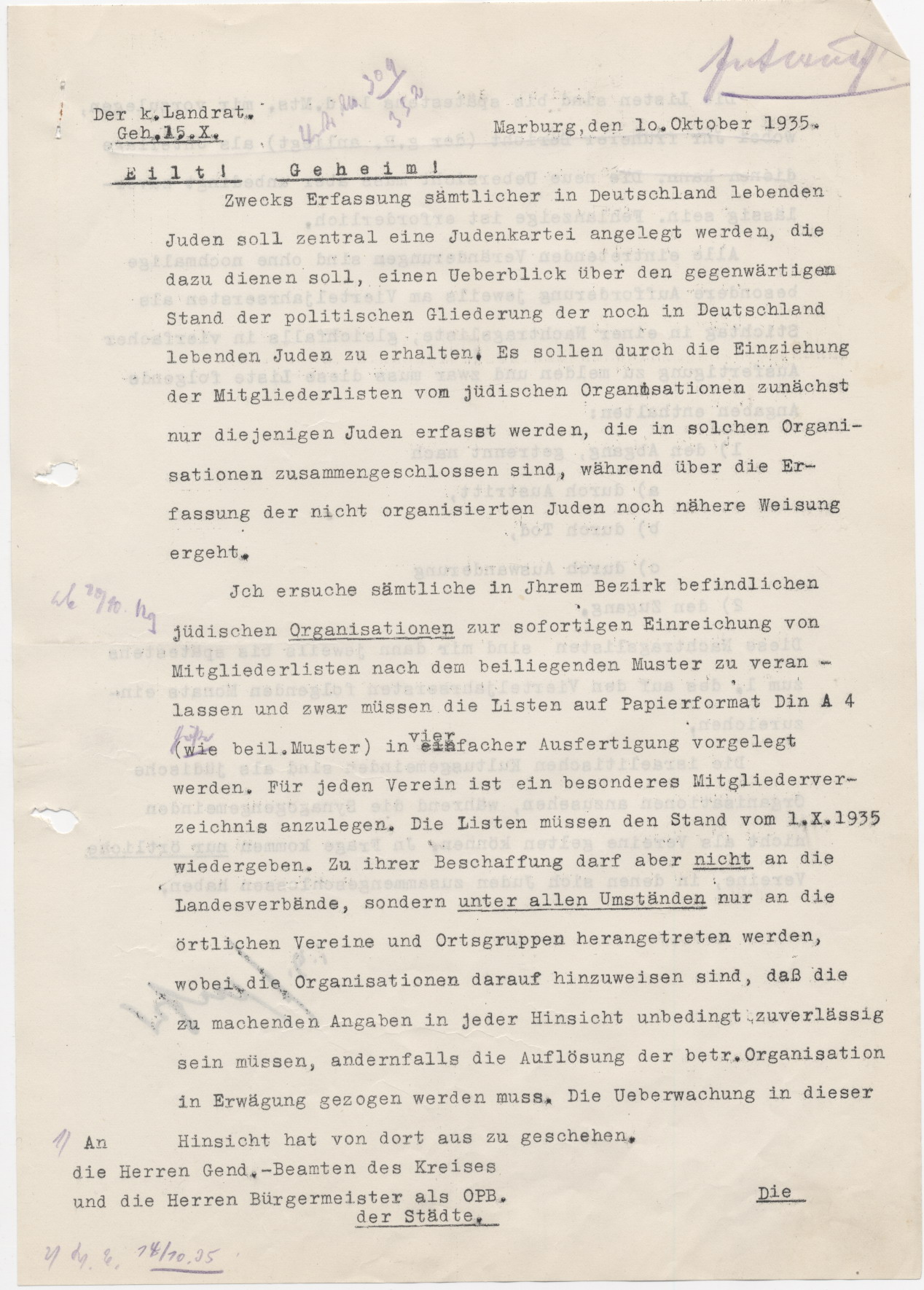 Schreiben des Marburger Landrates an die Gendarmeriebeamten und Bürgermeister des Kreises, bezüglich der Erstellung einer zentralen Judenkartei, Marburg 10.10.1935