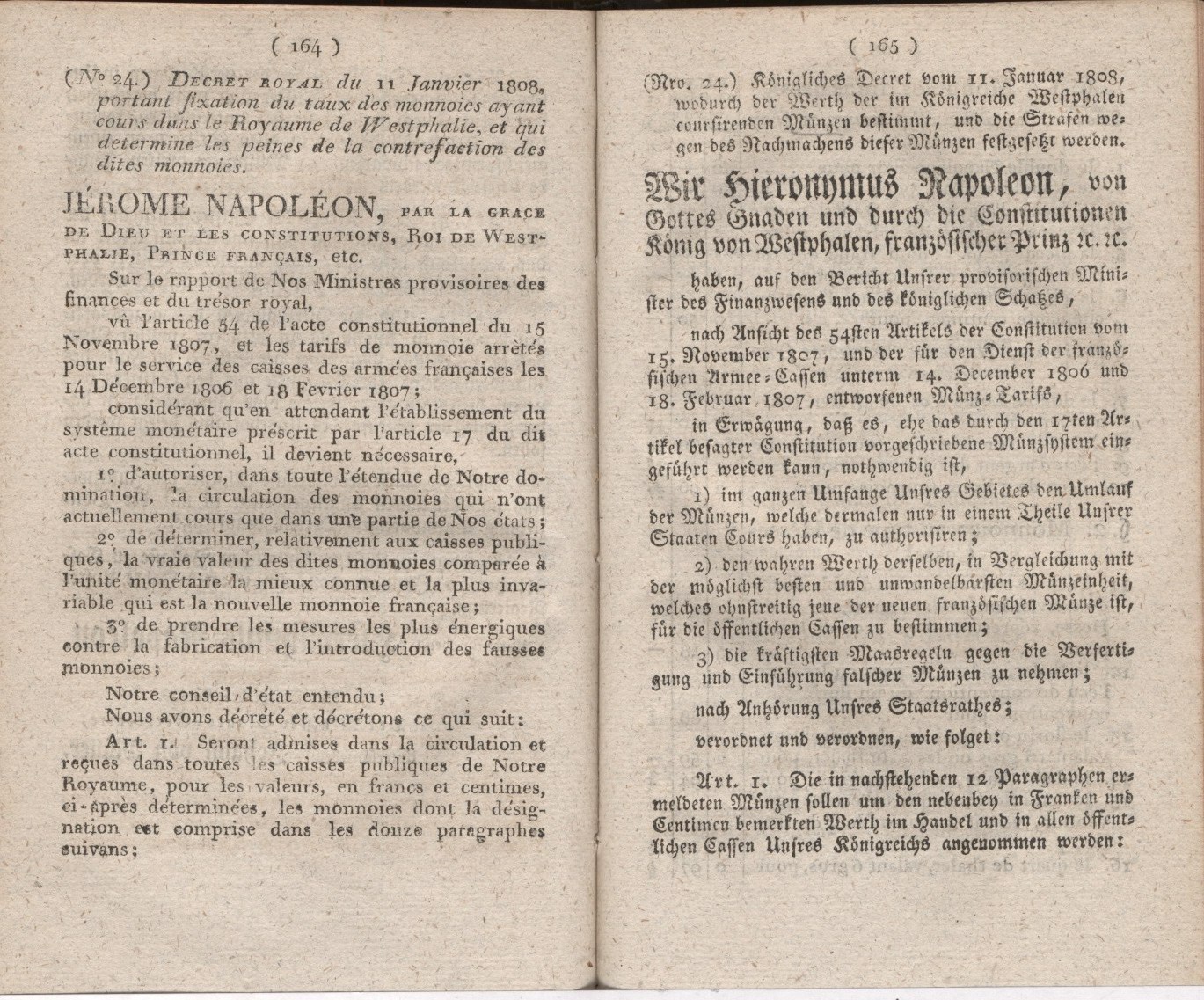 Königliches Dekret vom 11. Januar 1808, wodurch der Werth der im Königreiche Westphalen coursierenden Münzen bestimmt, und die Strafen wegen des Nachmachens dieser Münzen festgesetzt werden.