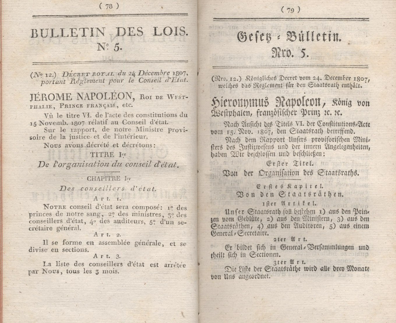 Königliches Dekret vom 24. Dezember 1807, welches das Reglement für den Staatsrath enthält.