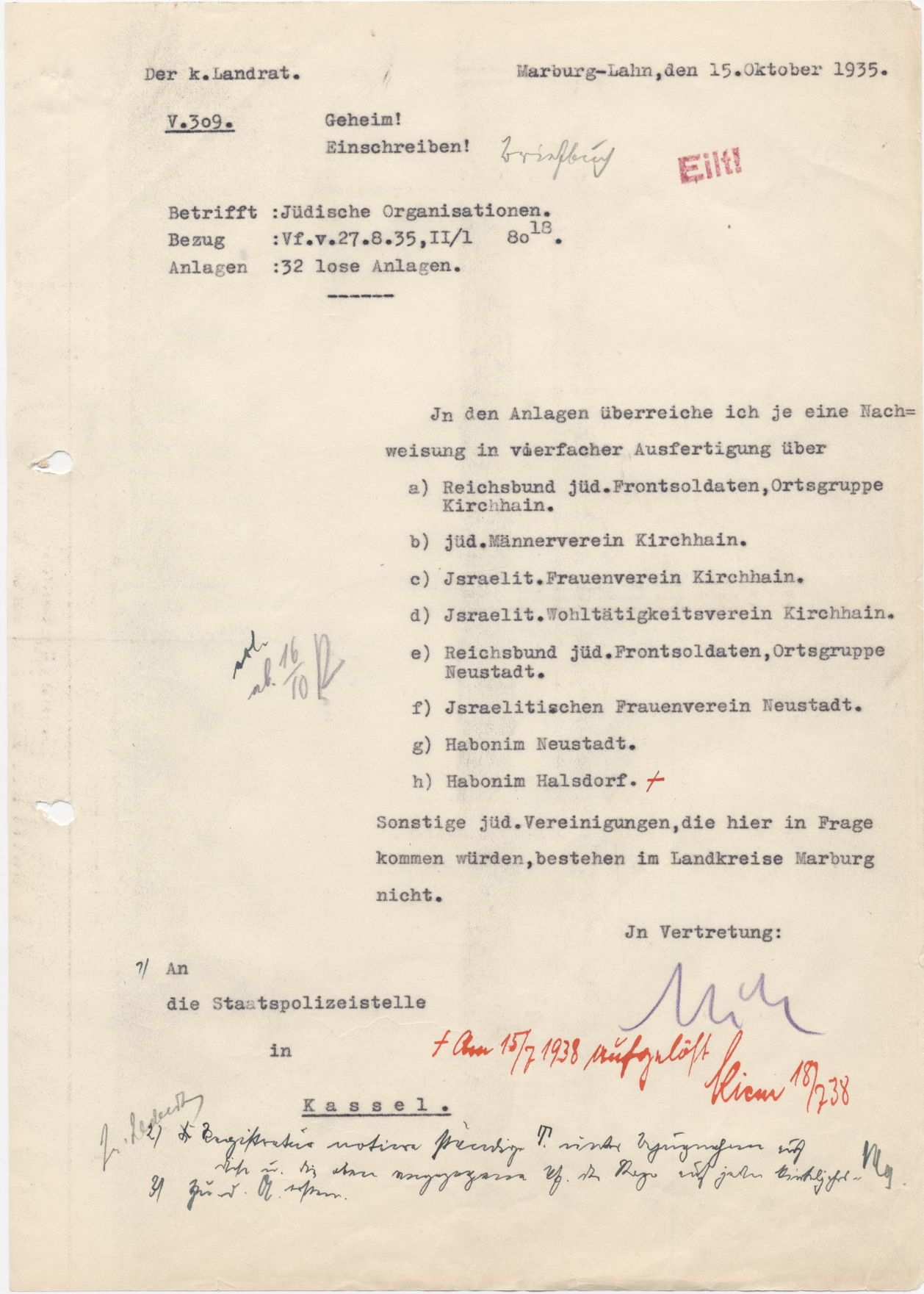 Schreiben des Marburger Landrates an die Staatspolizeistelle Kassel, bezüglich der Übergabe der Organisationslisten für die zentrale Judenkartei, Marburg 15.10.1935