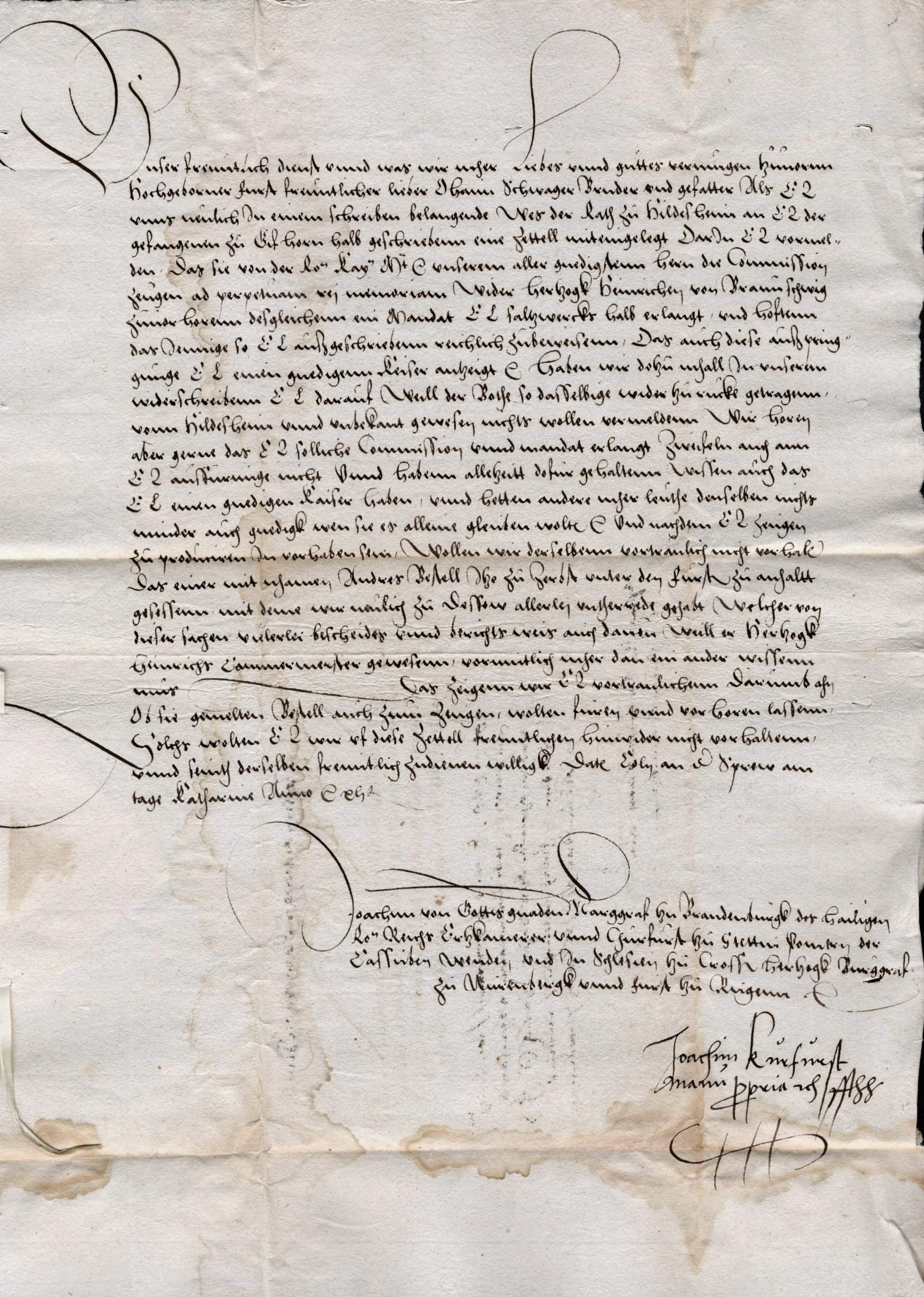 Schreiben des Markgrafen Joachim zu Brandenburg über die vom Kaiser an Landgraf Philipp verliehene Kommission über die Zeugenvernehmung gegen Herzog Heinrich von Braunschweig und das Mandat in Salzwerkssachen, 1541