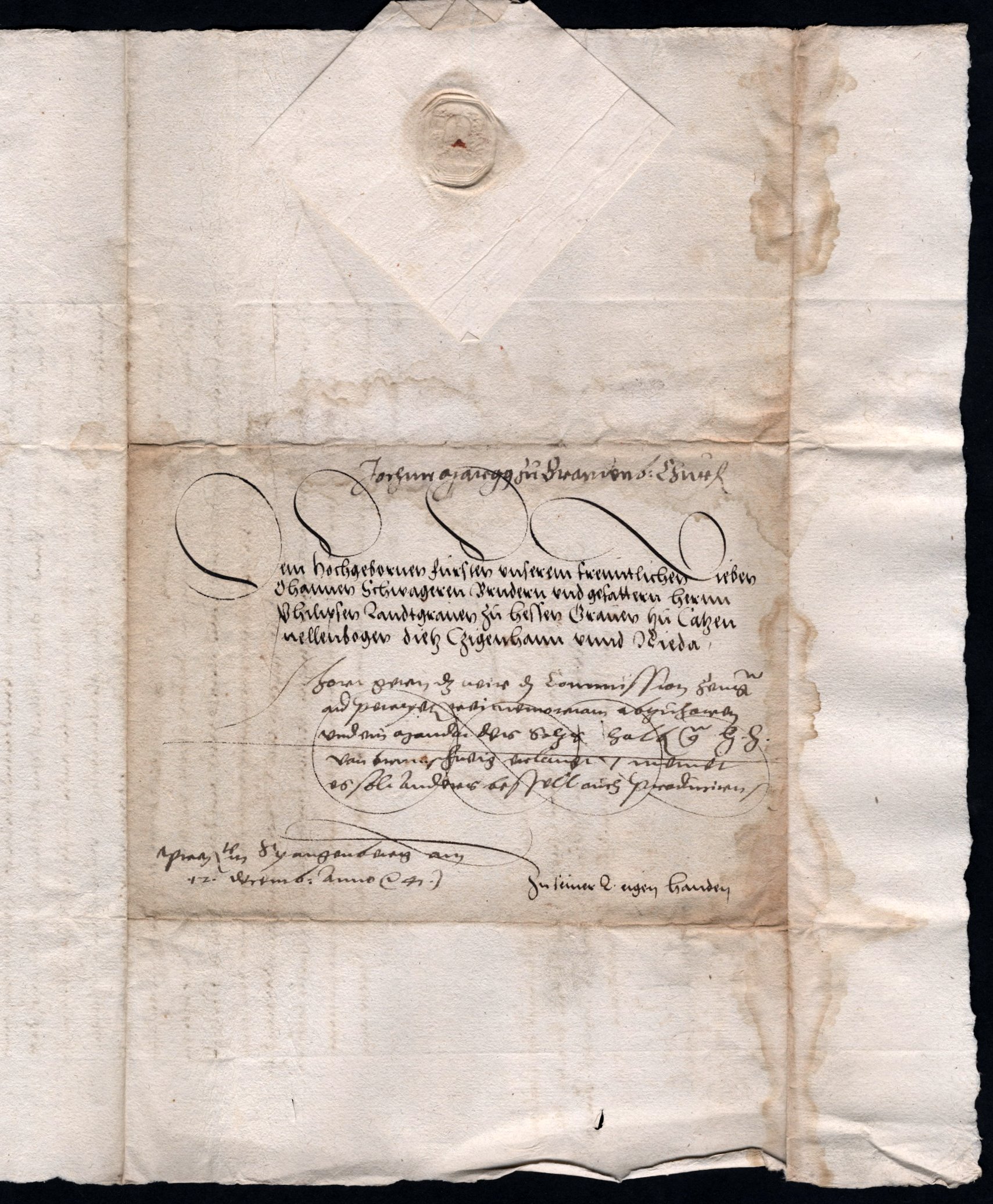 Schreiben des Markgrafen Joachim zu Brandenburg über die vom Kaiser an Landgraf Philipp verliehene Kommission über die Zeugenvernehmung gegen Herzog Heinrich von Braunschweig und das Mandat in Salzwerkssachen, 1541