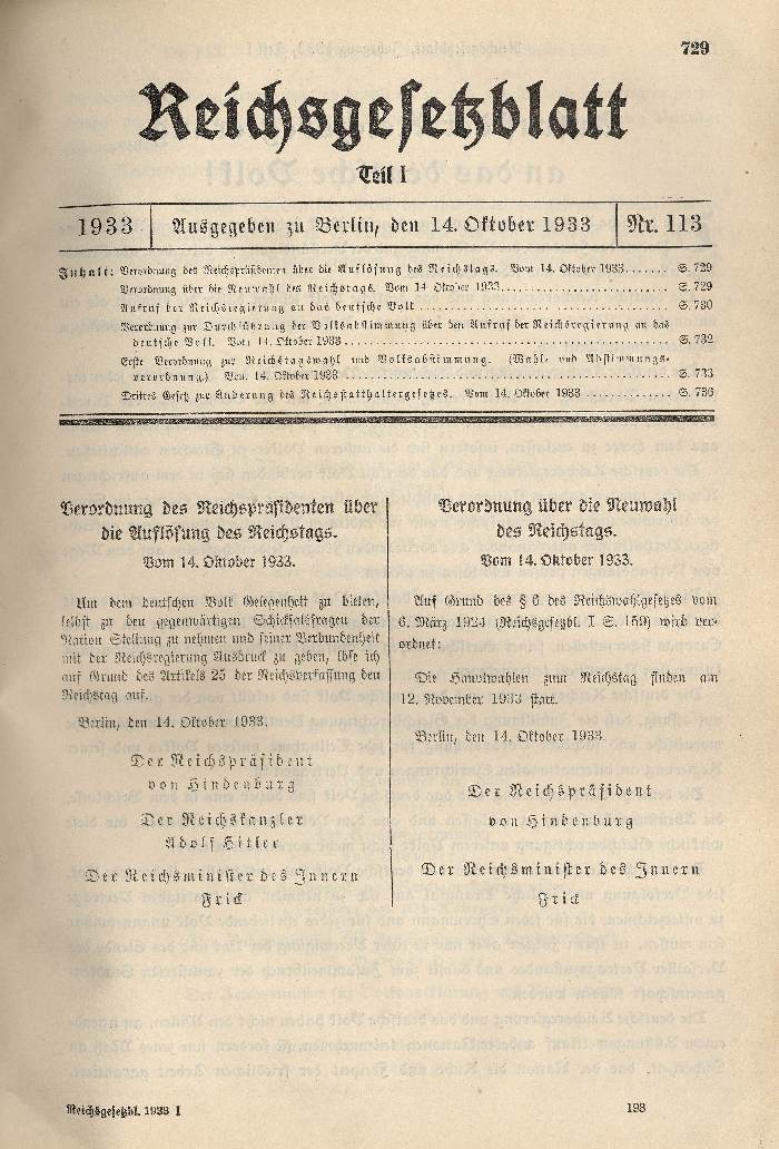 Verordnung des Reichspräsidenten über die Auflösung bzw. die Neuwahl des Reichstages