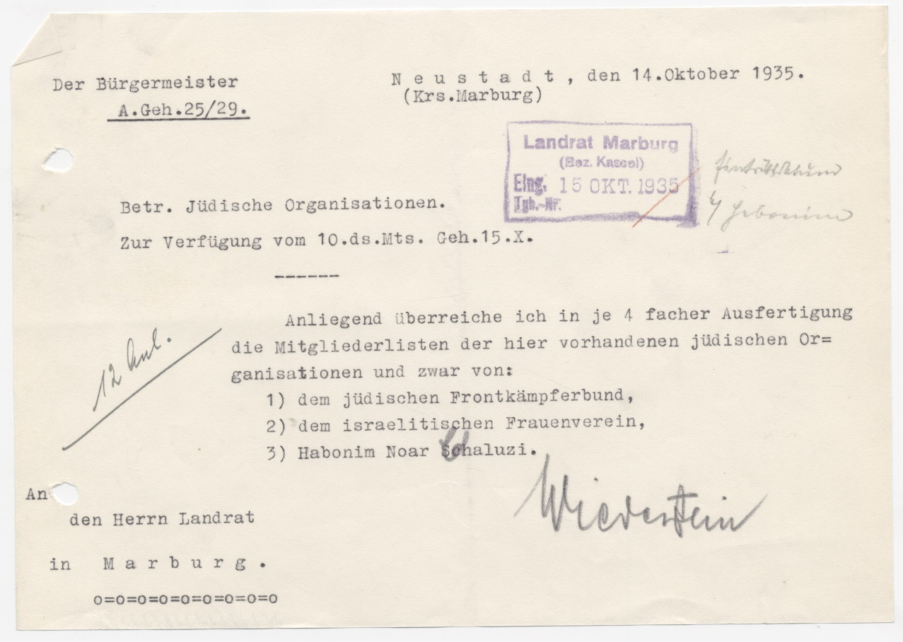 Schreiben des Neustädter Bürgermeisters an den Marburger Landrat, bezüglich der Übergabe der Mitgliedslisten für die zentrale Judenkartei, Neustadt 14.10.1935