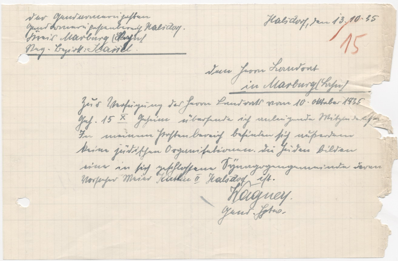 Schreiben des Halsdorfer Gendarmeriepostens an den Marburger Landrat, bezüglich der Übergabe der Mitgliedslisten für die zentrale Judenkartei, Halsdorf 13.10.1935