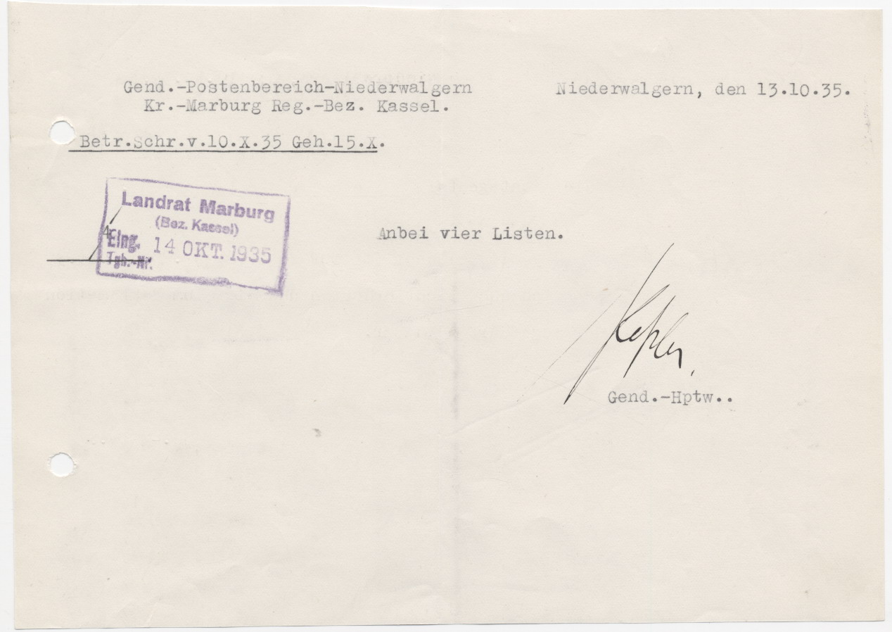 Schreiben des Niederwalgerner Gendarmeriepostens an den Marburger Landrat, bezüglich der Übergabe der Mitgliedslisten für die zentrale Judenkartei, Niederwalgern 13.10.1935