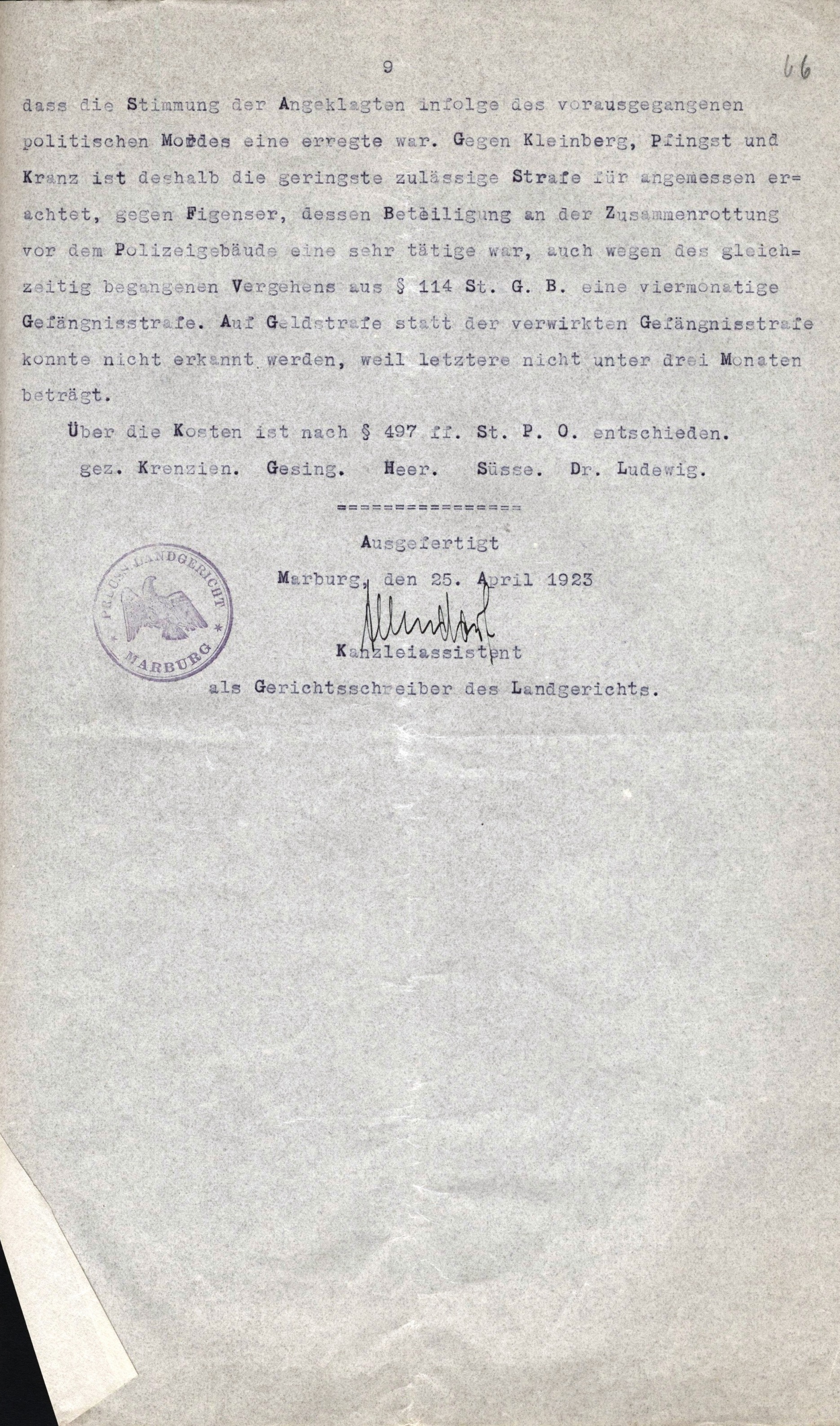 Verurteilung wegen Landfriedensbruchs vom 6. April 1923