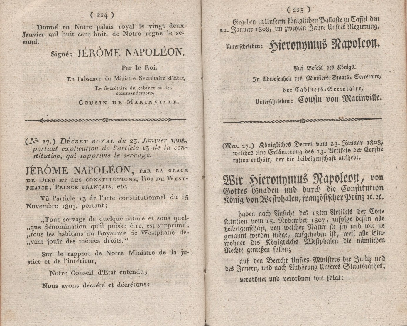 Königliches Dekret vom 23. Januar 1808, welches eine Erläuterung des 13. Artikels der Constitution enthält, der die Leibeigenschaft aufhebt