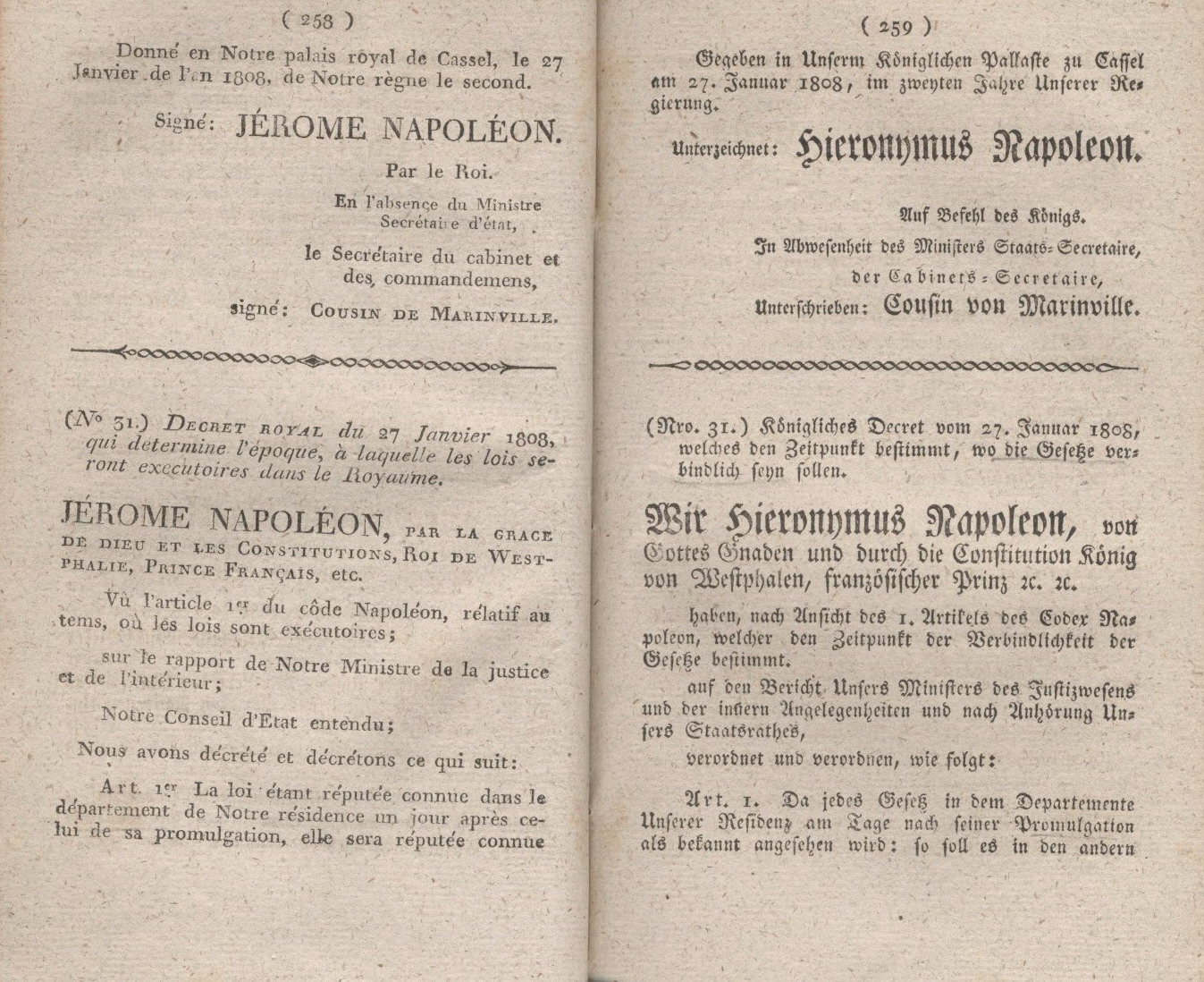 Königliches Dekret vom 27. Januar 1808, welches den Zeitpunkt bestimmt, wo die Gesetze verbindlich seyen sollen.