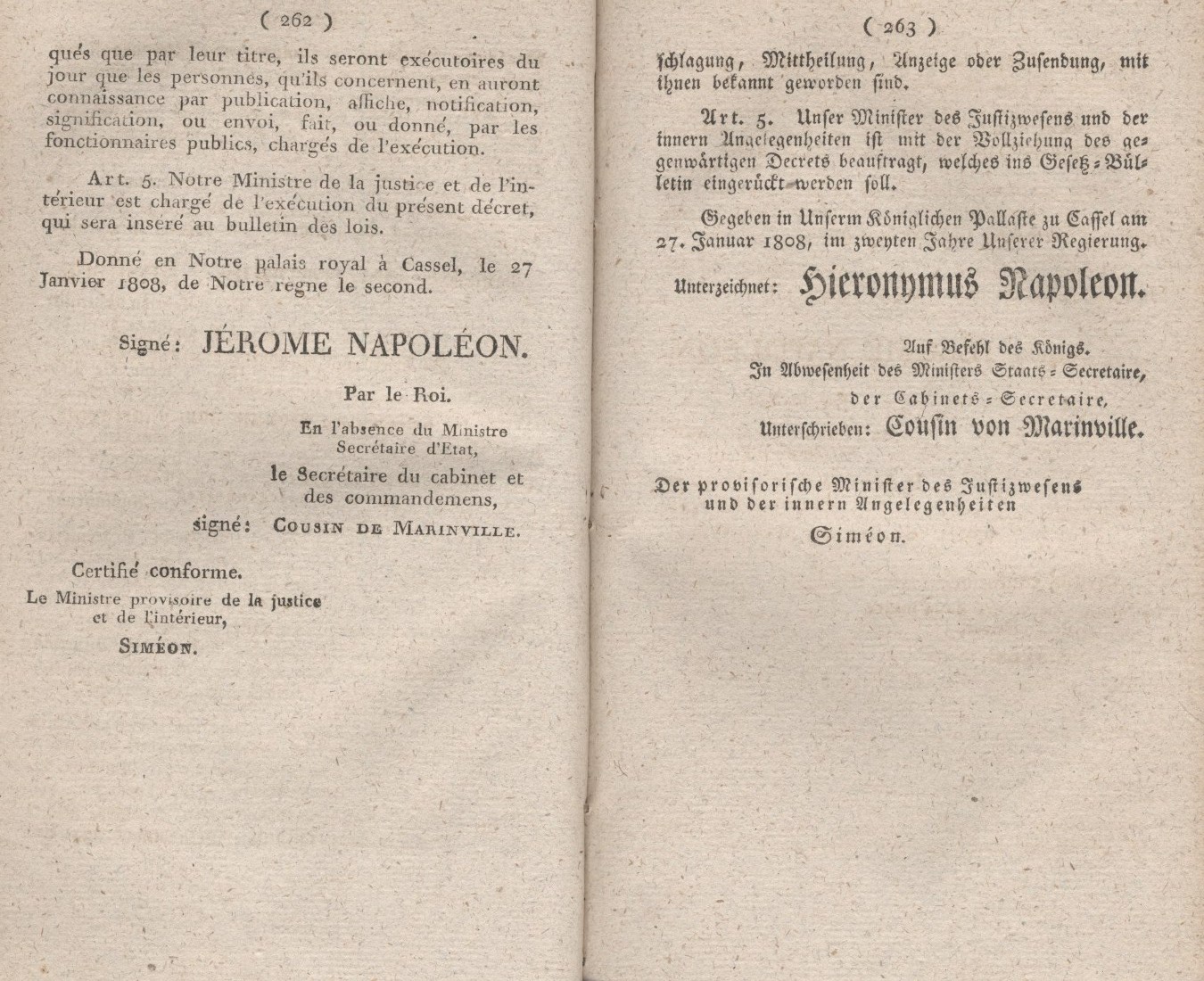 Königliches Dekret vom 27. Januar 1808, welches den Zeitpunkt bestimmt, wo die Gesetze verbindlich seyen sollen.