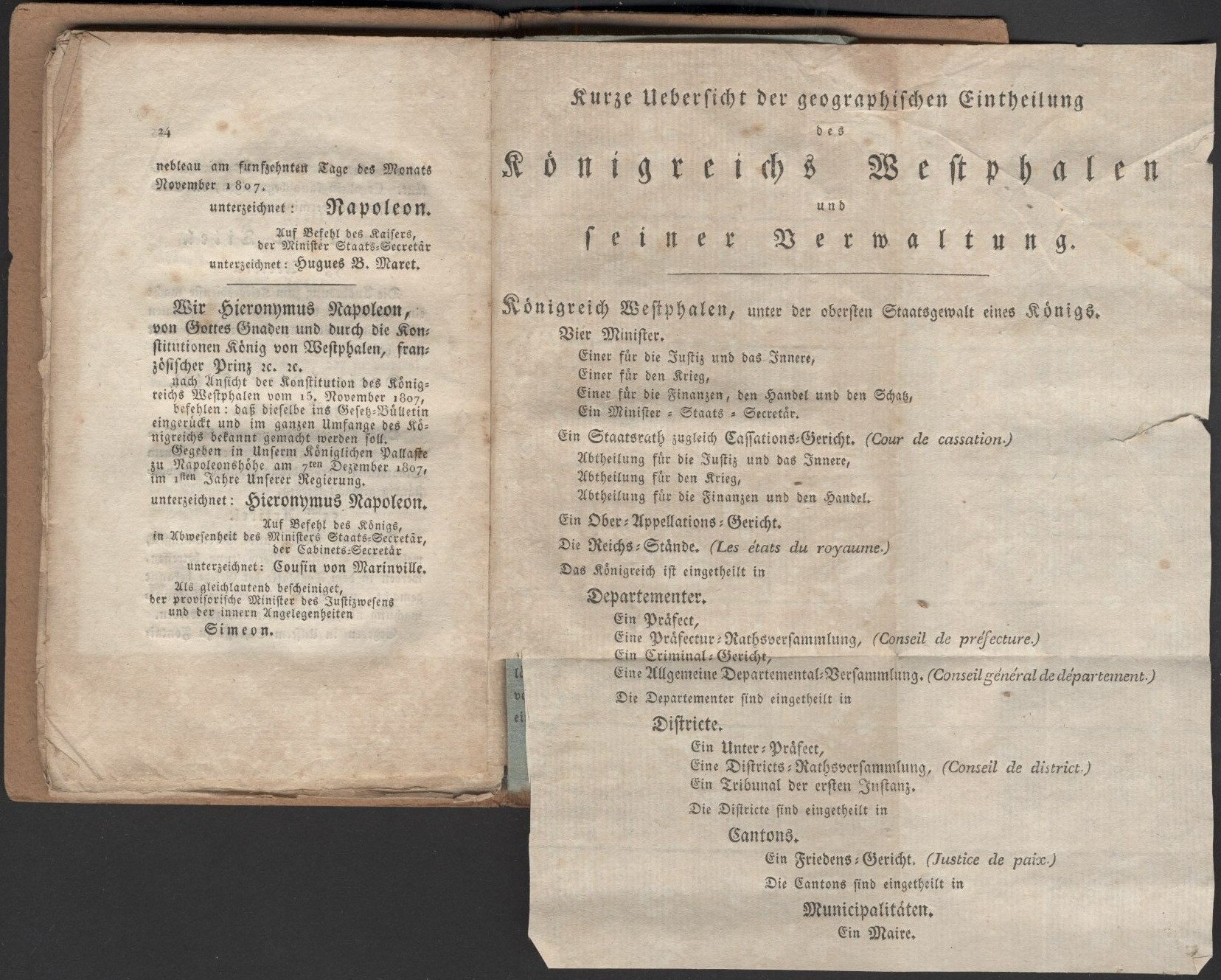 Auszüge aus der  Staatsverfassung des Königreichs Westphalen, zweisprachige Taschenausgabe von 1807.