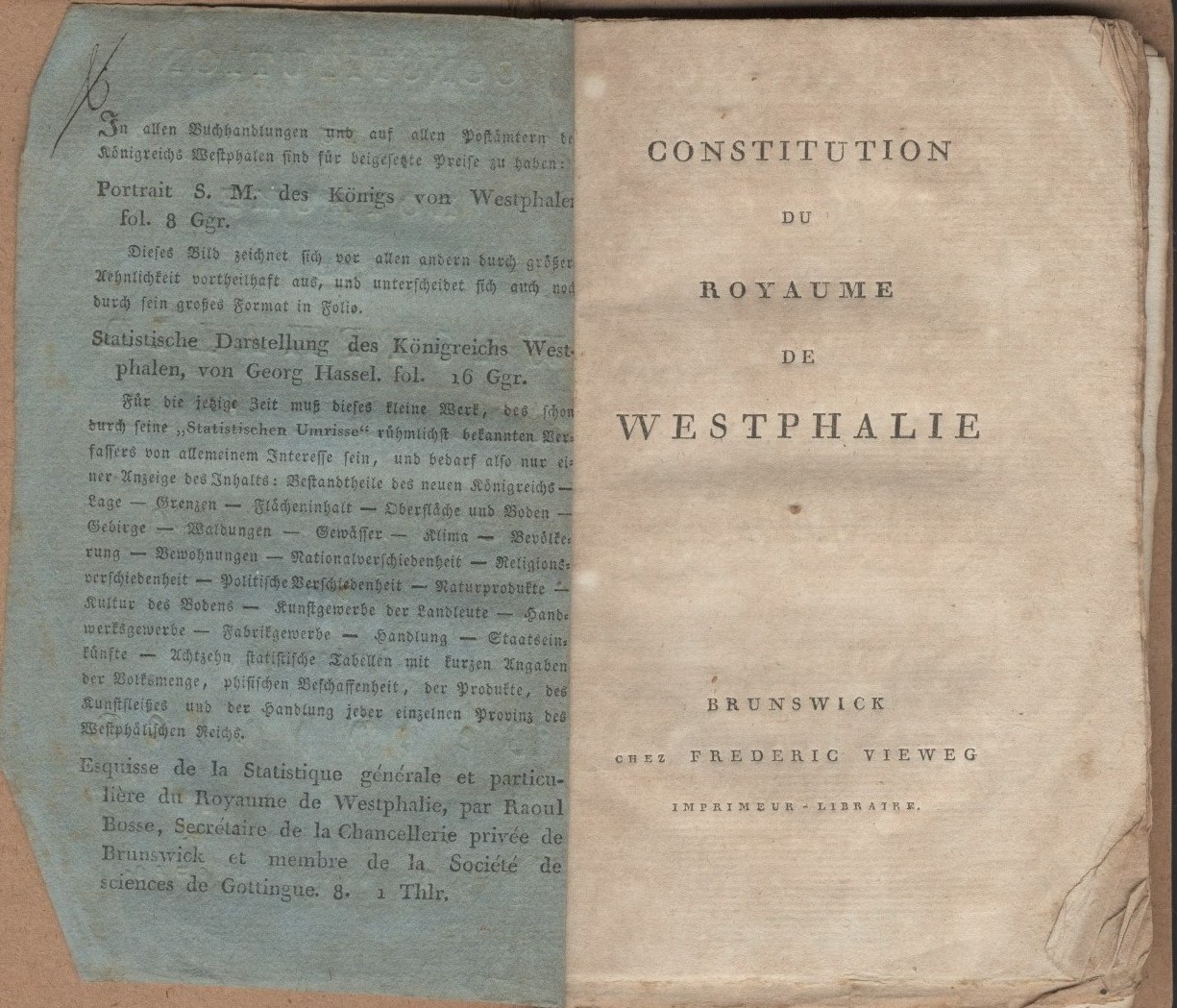Auszüge aus der  Staatsverfassung des Königreichs Westphalen, zweisprachige Taschenausgabe von 1807.