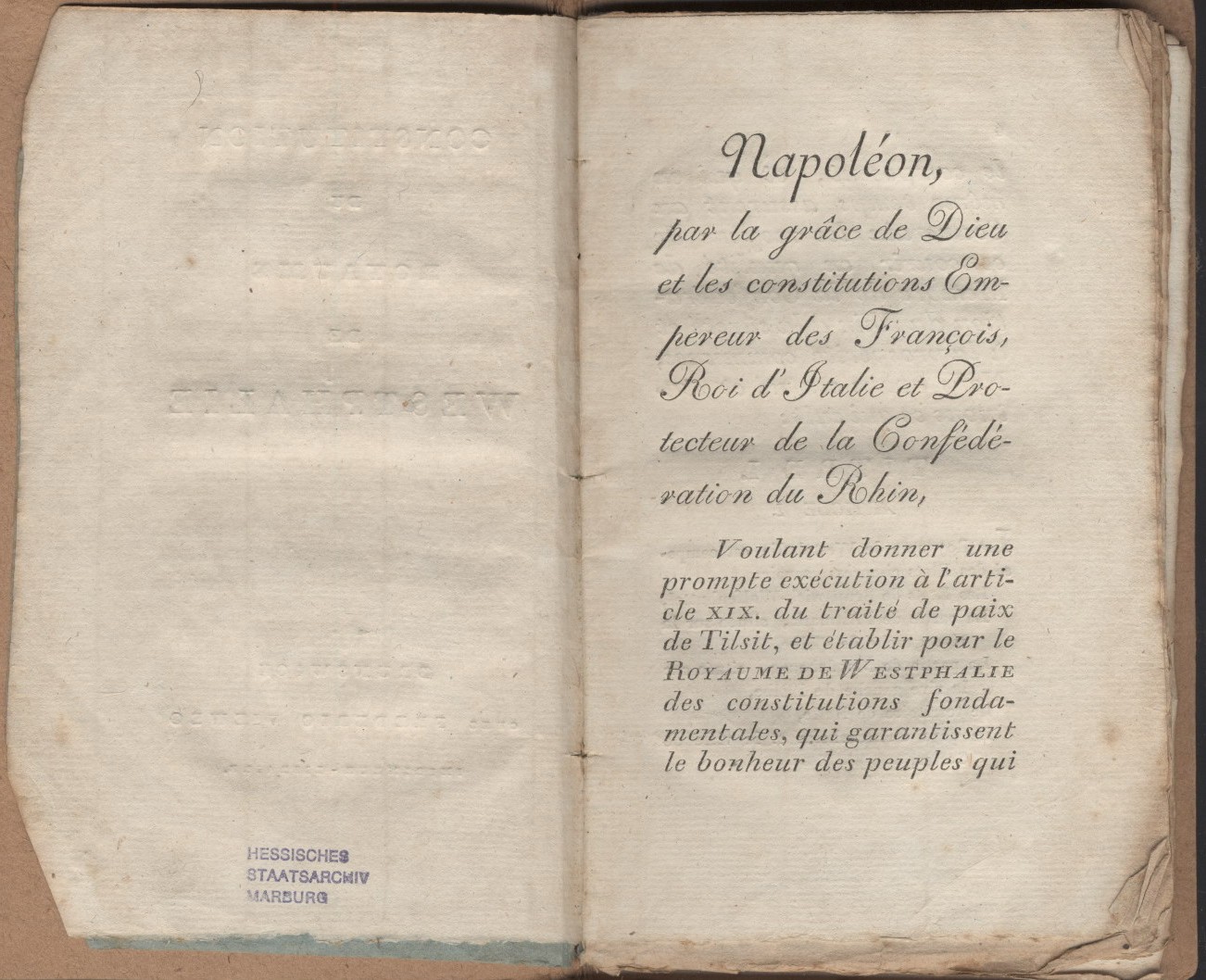 Auszüge aus der  Staatsverfassung des Königreichs Westphalen, zweisprachige Taschenausgabe von 1807.
