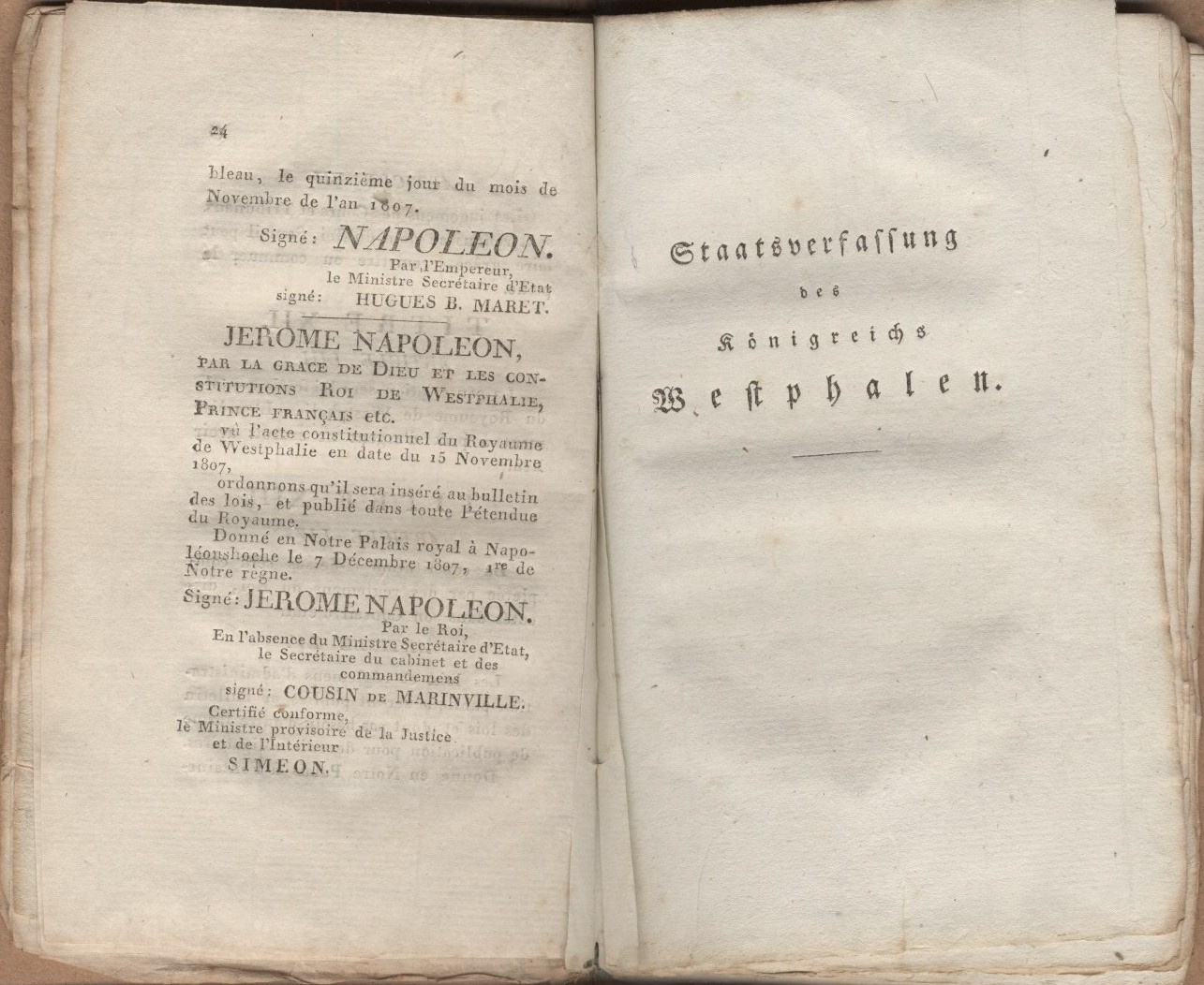 Auszüge aus der  Staatsverfassung des Königreichs Westphalen, zweisprachige Taschenausgabe von 1807.