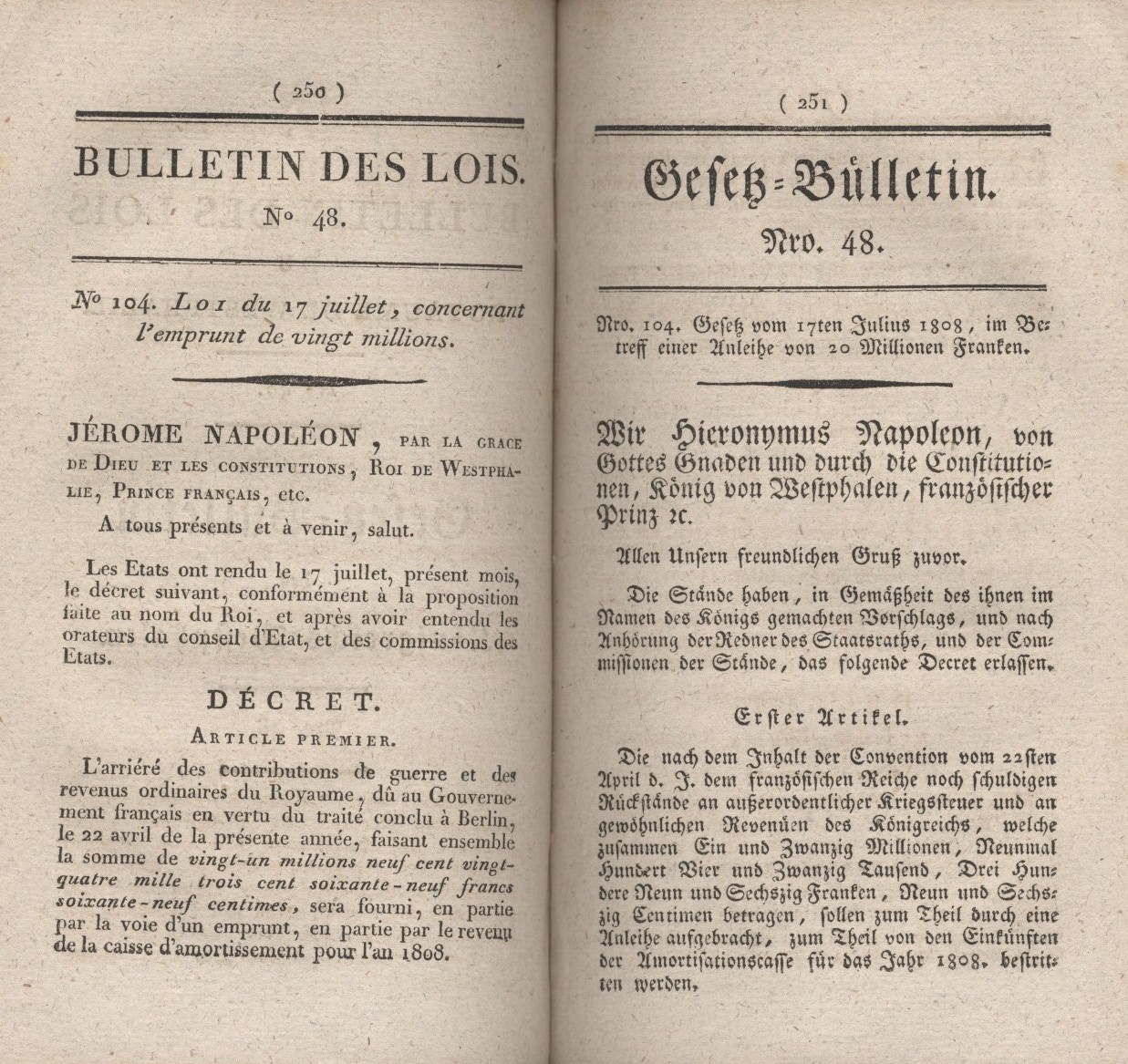 Gesetz vom 17. Juli 1808, im Betreff einer Anleihe von 20.000.000 Francs