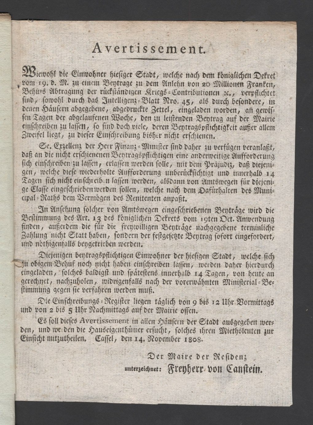 Auszüge aus der Akte des Cantons Kassel über die Aufbringung der Bürgeranteile an der Staatsanleihe über 20.000.000 Francs.