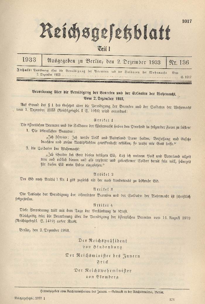 Verordnung über die Vereidigung der Beamten und der Soldaten der Wehrmacht